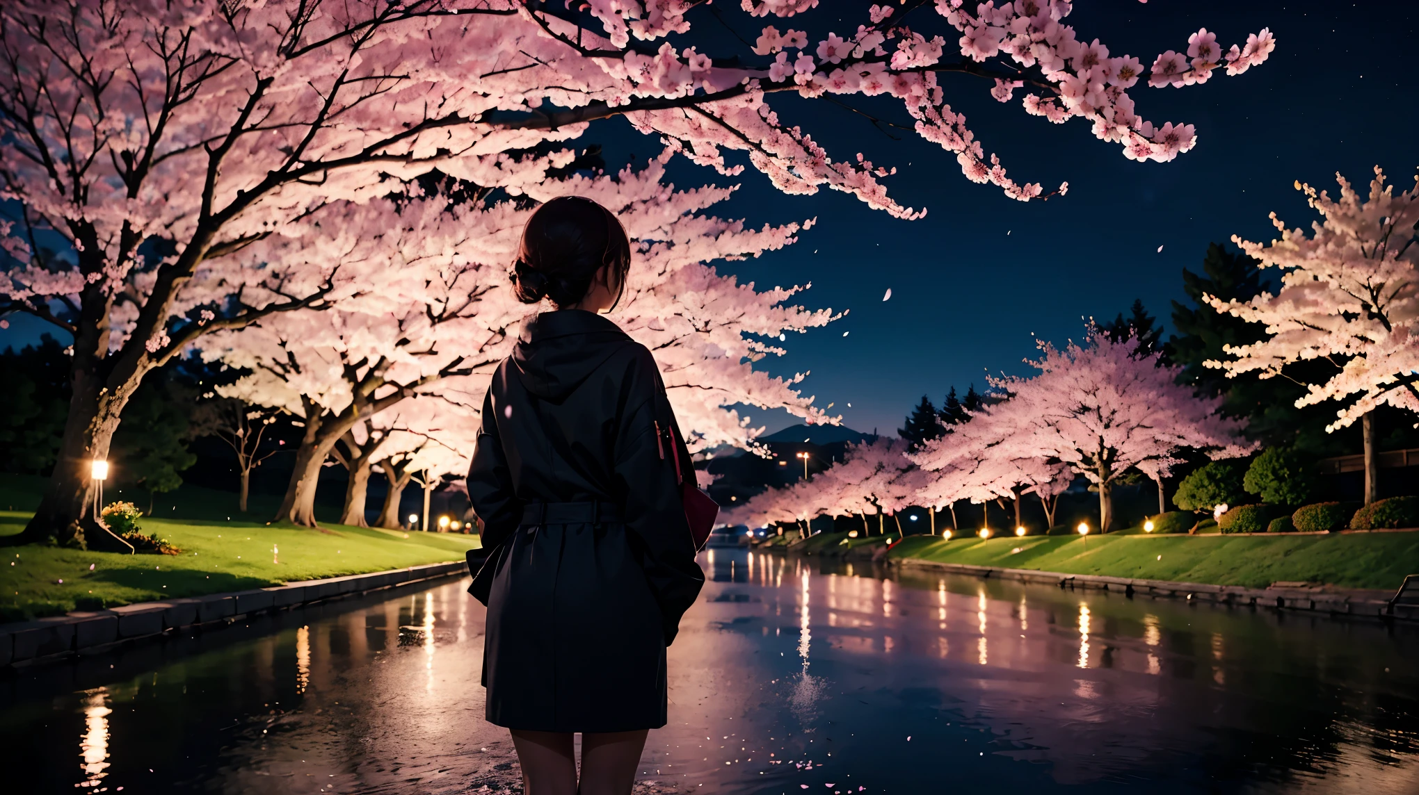 Cherry blossoms at night and a woman