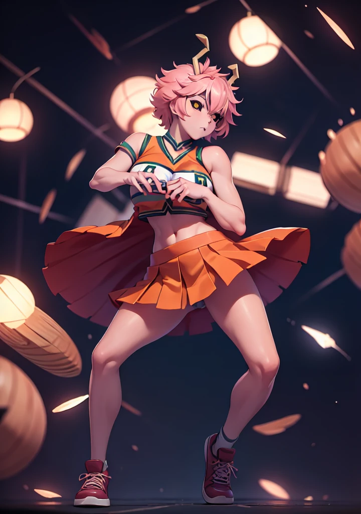 mina ashido, 1girl, solo, looking at viewer, short hair, simple background, yellow eyes, pink hair, horns, colored skin, colored sclera, black sclera, pink skin, U.A. CheerUniform, orange skirt, cheerleader, ((bare belly)), perfect shading, bare shoulders, big breasts