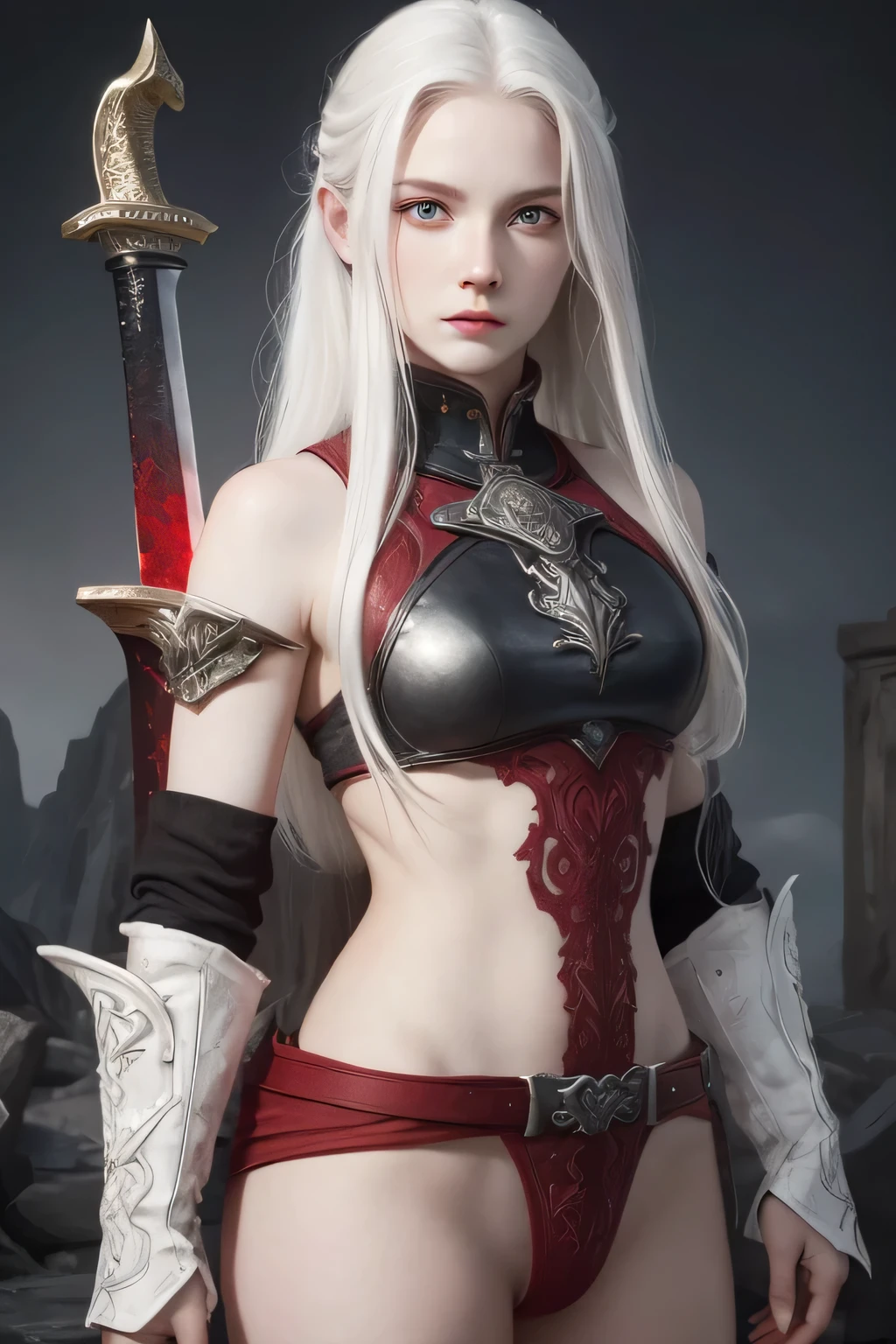 ((Highest quality)), ((masterpiece)), (detailed), Perfect Face, Albino Warrior, ((Long white hair, White skin, Red eyes)), Black magic sword, (A great sword engraved with red runes.), Crazy Eyes, Troublesome Cheeks, Fantasy novels, 25-year-old woman, (Elric of Melniboné), Eternal Champion