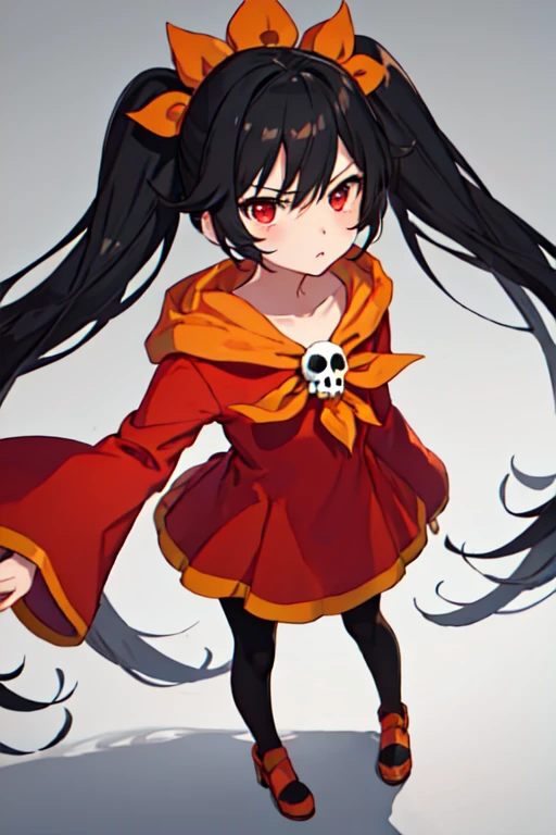 One girl, alone, Ashley (WarioWare), Twin tails, skull, Orange hair band, Red eyes, Black Hair, Big Hair, Long Hair, pantyhose, Red dress, anger, Simple Background, View your viewers, In-person audience, From above, (Highest quality), (detailed), Soft Shadows, Depth of written boundary, figure, colorful, 4K, 