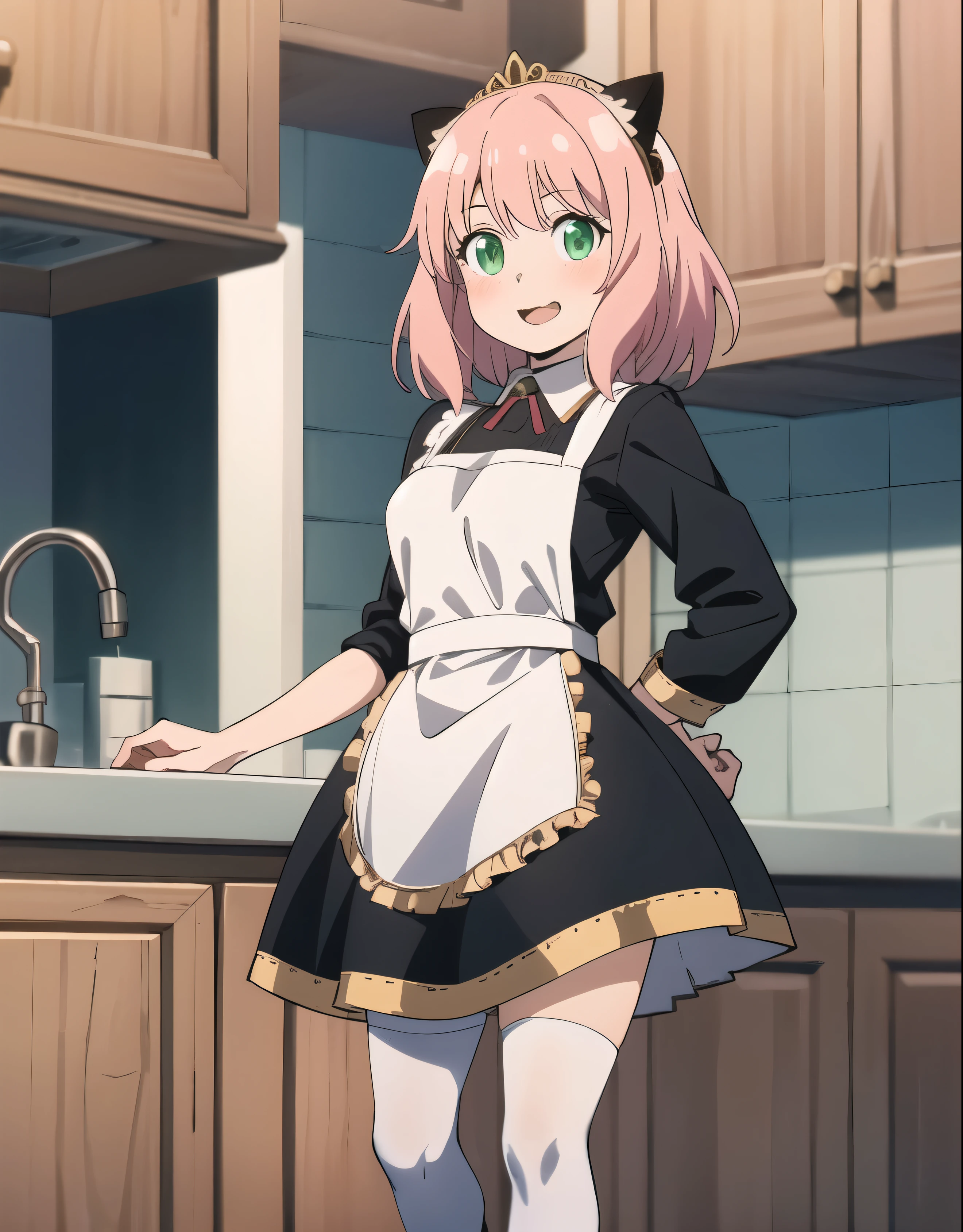 1 girl, Imagine Anya Forger adulta, pink  hair, greeneyes, warm smile, blush cheeks, black dress with white collar, blackstockings, white apron, tiara with black and gold cat ears, high-heels, Inside the house, kitchen, standing, leaning behind kitchen counter, gazing at viewer, gaping mouth
