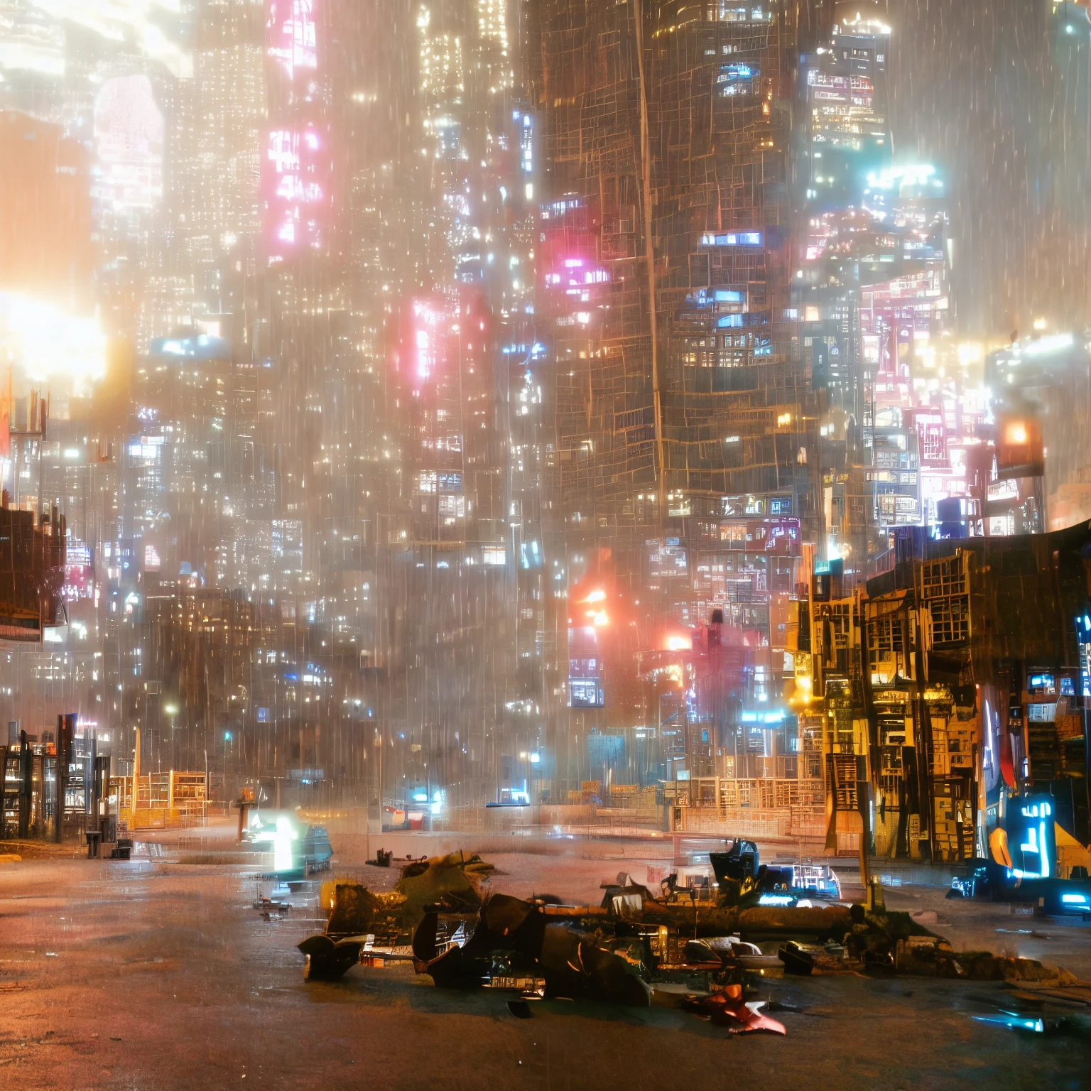 medieval dark colors painting of around giant conrete buildings at night in a futuristic city at night lightened by neons and glowing orbs, a lot of electric distribution poles and tubing, cyberpunk enemies, rain and thunderstorm, oppressive scene