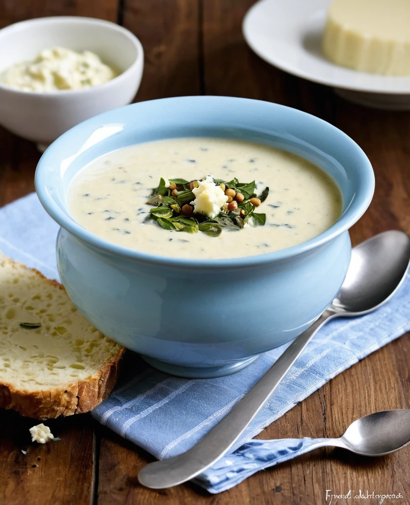 CAULIFLOWER SOUP WITH BLUE CHEESE This recipe arrived from Europe to bring a classic combination of flavors: Leek, cauliflower and blue cheese, or intense blue d&#39;auvergne. Pra sop ficar cremosa na medida certa, the trick is to cook the potatoes together with the other ingredients. Serve accompanied by almond flour, more pieces of cheese, olive oil and dill leaves. very chic!
INGREDIENTS 1 cauliflower 3 spoons (sop) de queijo francês bleu d'auvergne esfarelado
1 Leek
2 batatas
1 cebola
3 dentes de alho
750 ml de caldo de legumes caseiro (3 cups [tea])
500 ml of milk (2 cups [tea])
2 spoons (sop) butter 2 bay leaves salt freshly ground black pepper to taste freshly grated nutmeg to taste French bleu d&#39;auvergne cheese to taste to serve almond crumble to taste to serve dill leaves (dill) to taste to serve olive oil to taste to serve