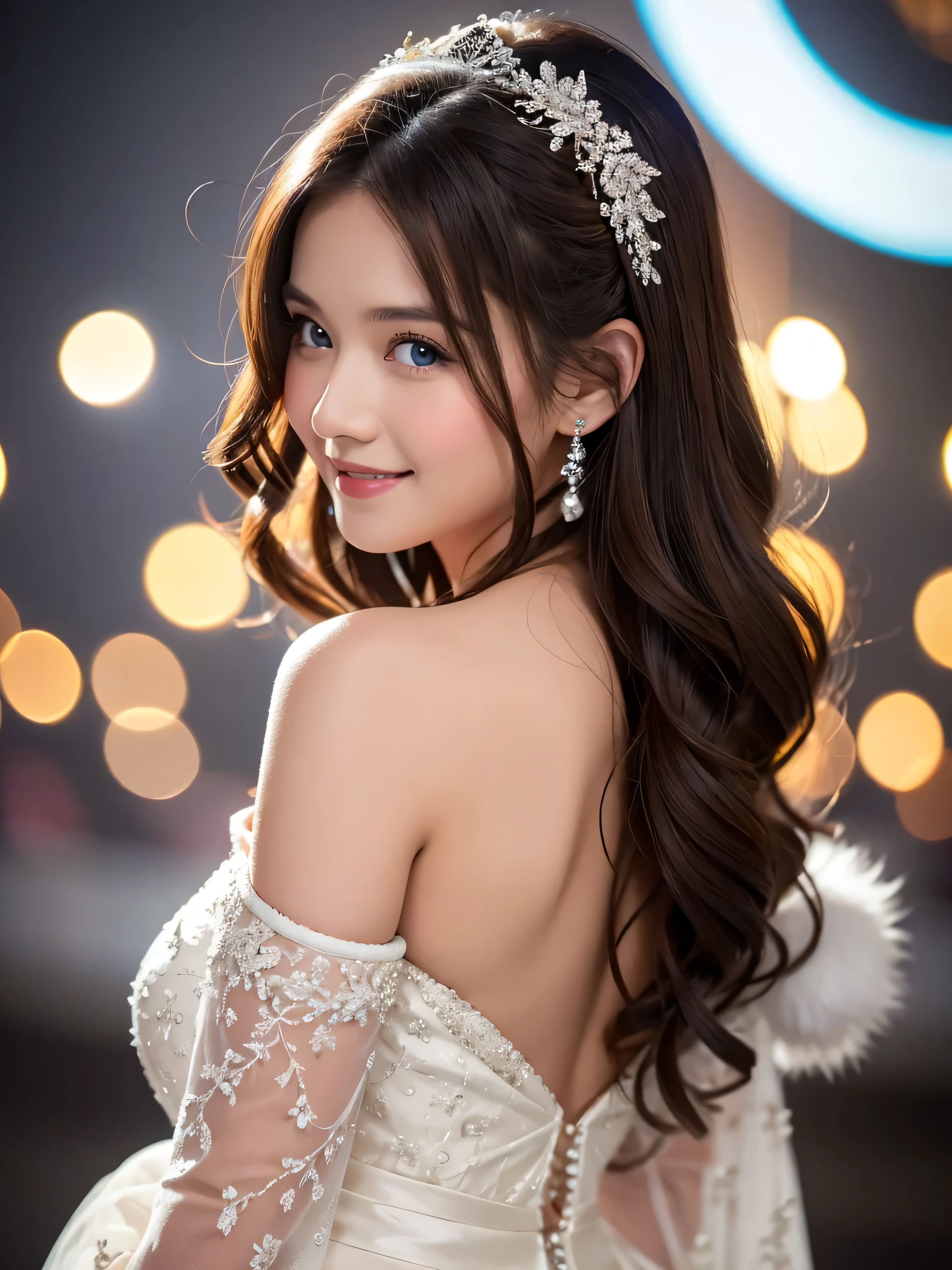A cinematic masterpiece captures the breathtaking beauty of a stunning bride. Facing the camera with a flawless face, her bright blue eyes shine like precious gems. Her plump lips curve into a joyful smile, framing her alluring female form beneath an off-the-shoulder wedding dress adorned with a majestic headdress. Against a dark background, she exudes happiness as cowboy-themed studio lights radiate an energetic atmosphere, illuminating every detail in high resolution. The focus is sharp, highlighting the intricate details of her outfit, from the delicate patterns to the subtle texture of the fur trim. A stunning portrait of Anna Dittman-like beauty, dressed in a fitted red and white dress with fur trim, wide sleeves, and gloves, set against a darker bokeh background. Her long ash-brown hair cascades down her back as she gazes directly at the viewer with a captivating smile.