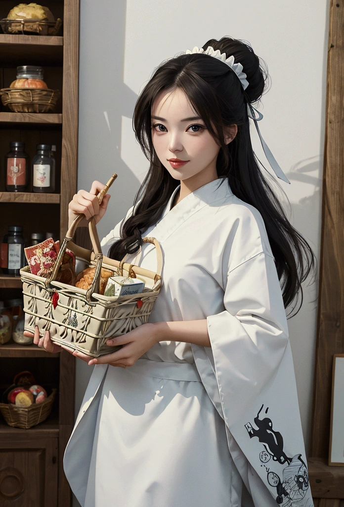 ((best quality)), ((masterpiece)), (detailed), make a caricature logo of a shopping basket, inside there is foods, the basket inscribed ninja, blanc background
