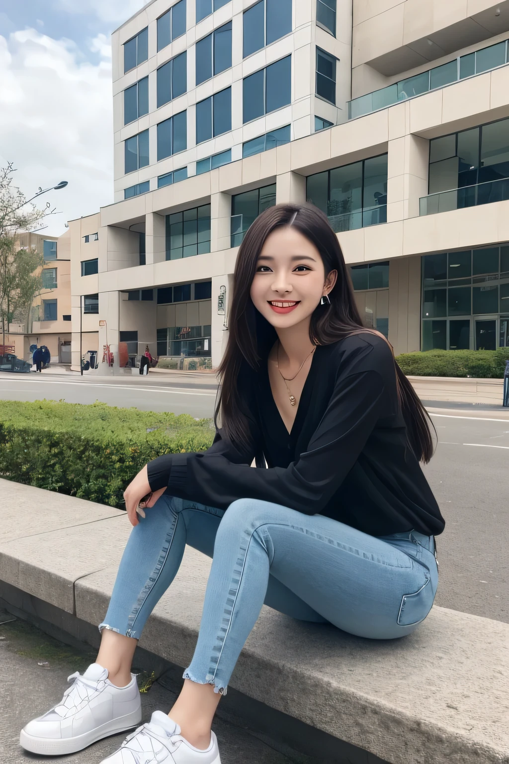 Highest quality, woman sitting on a bench、Full body photo、,smile、Beautiful teeth alignment、Black Hair、Dark eyeliner、、Long sleeve blouse、Skinny jeans、sneakers、ear piercing、necklace, , Face Focus、The background is the building&#39;s corridor.