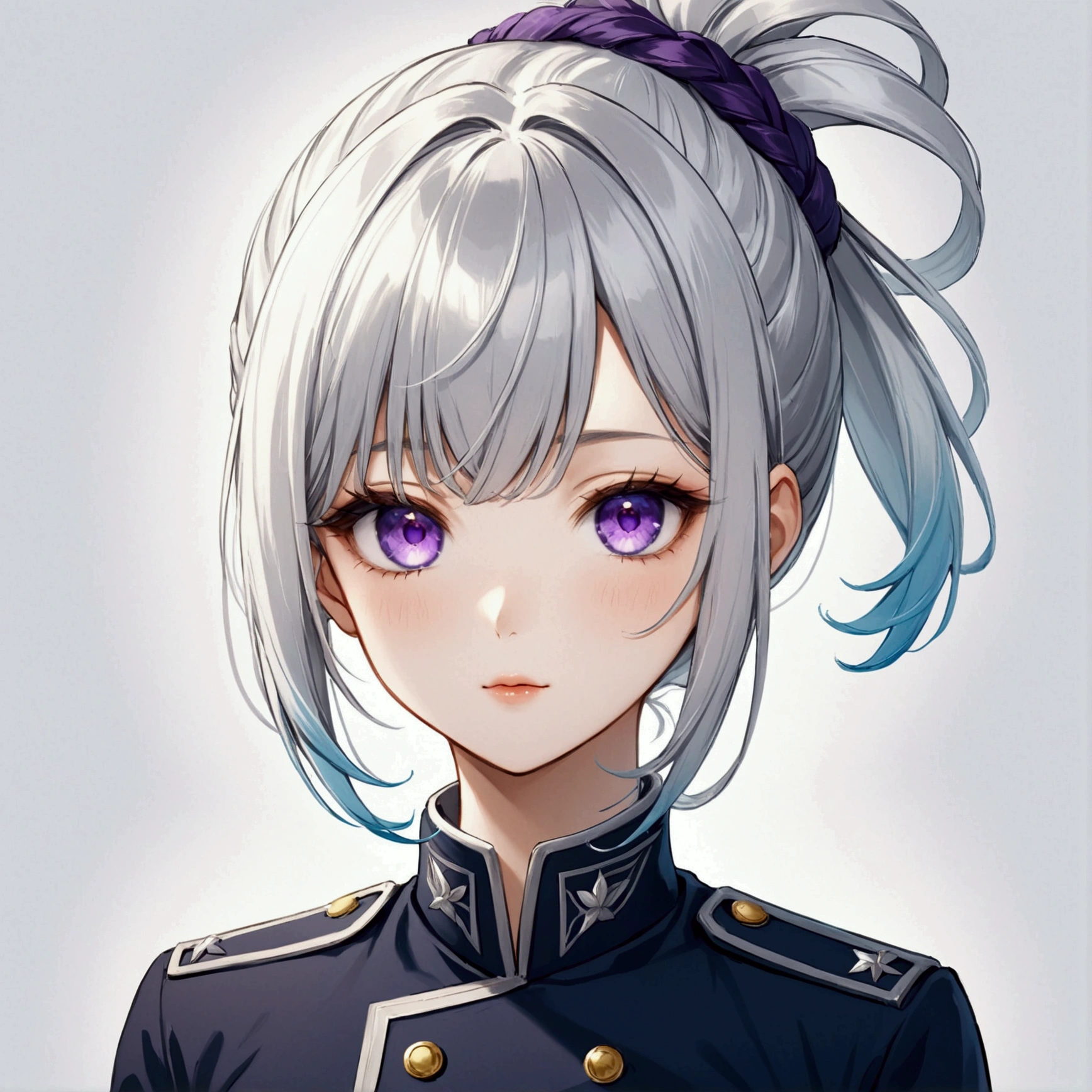 Highest quality、Delicate depiction、Beautiful woman、Silver Hair、Hair tied up、Amethyst Eyes、Blue-gray military uniform、