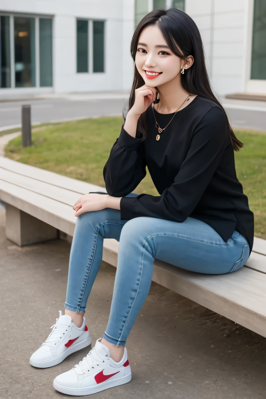 Highest quality, woman sitting on a bench、Full body photo、,smile、Beautiful teeth alignment、Black Hair、Dark eyeliner、、Long sleeve blouse、Skinny jeans、sneakers、ear piercing、necklace, , Face Focus、The background is the building's corridor.