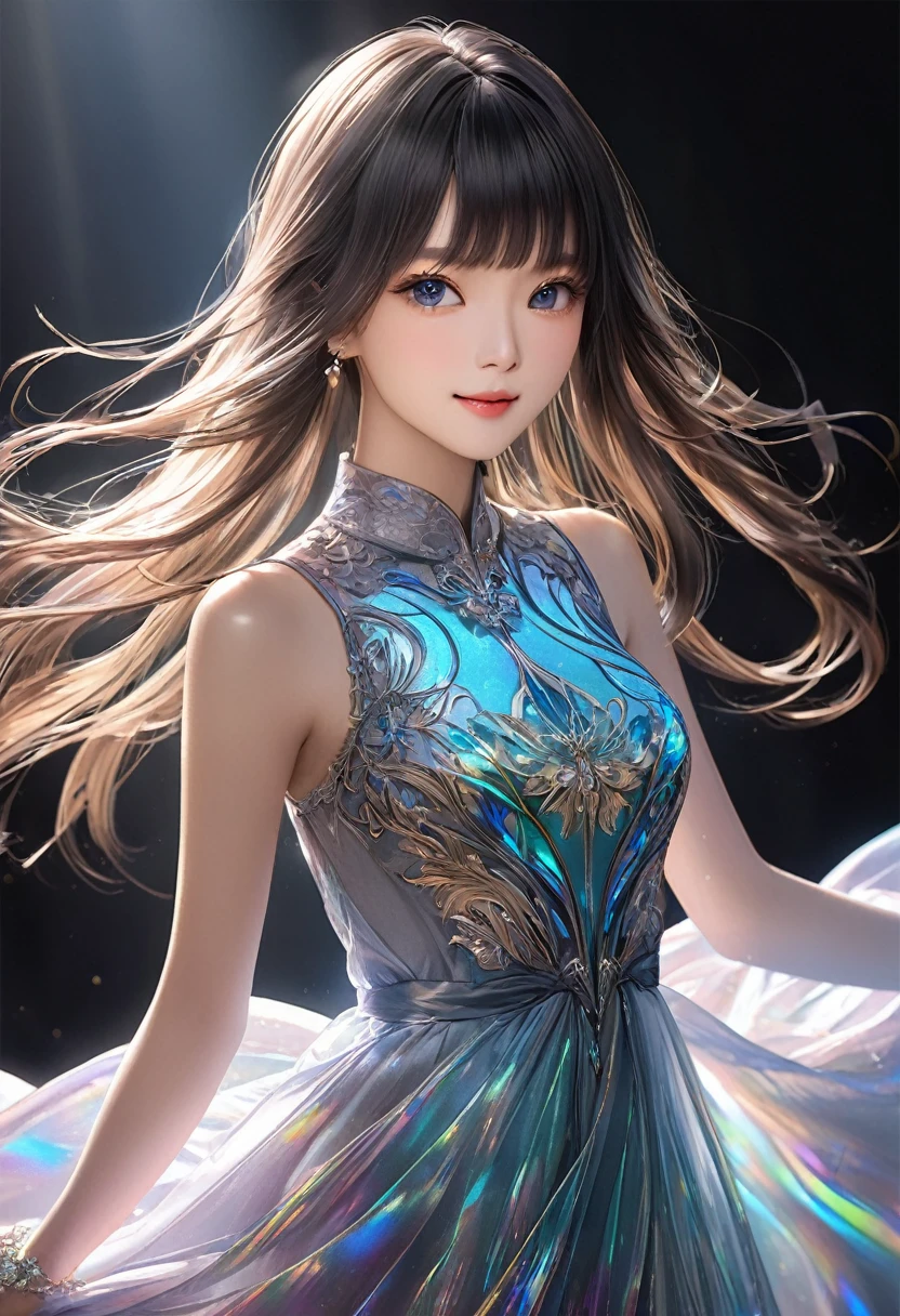 
                 Detailed and vivid depiction of beautiful girl posing as a model for photo (dynamic)棕色long hair女子 服装模特( perfect anatomy ) face detailed face. realistic eyes. The face and eyes are very detailed.


                       Delicate skin.、Delicate skin texture smile, long hair,  Fantasy fashion dress glow,, Elegant and flying silk holographic dress , 46-point slanted bangs, dark shadow background, black soft light, 

                           Professional photography master&#39;artwork, texture, complicated, Clear, High-quality masterpieces，Extremely complicated and exquisitely detailed,

                                  Super detailed, Super detailed digital art