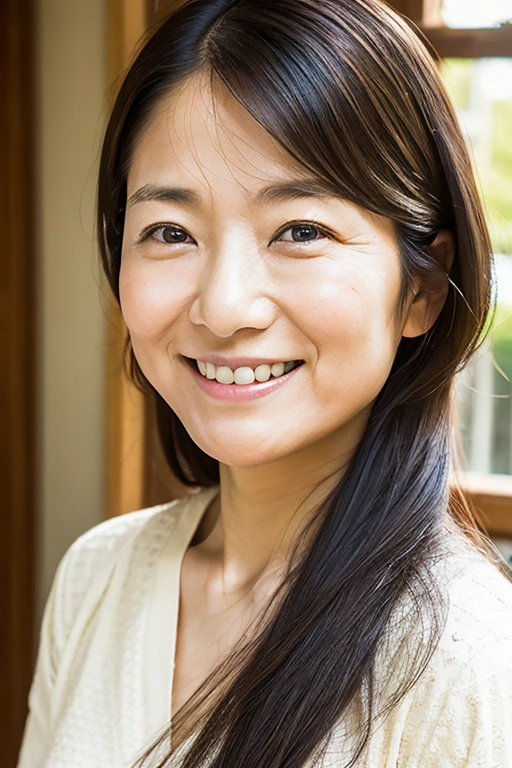 Highest quality、Masterpiece、Real Photo、Realistic、1 55-year-old Japan woman、Smiling caregiver providing care、Sweat、Very detailed、Natural light、long hair、Detailed face and skin、Realistic eyes