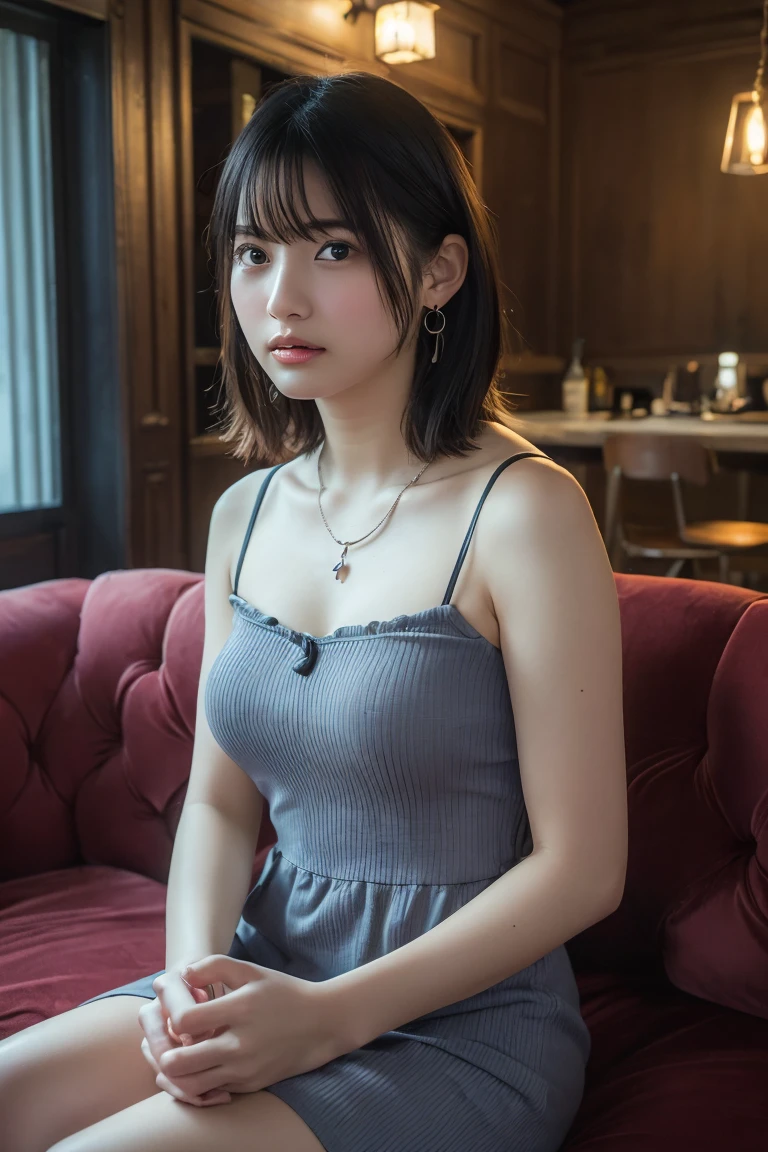 (Highest quality:1.4),(masterpiece:1.4),(Realistic:1.4),(Realistic:1.2),(超High resolution, RAW Photos:1.4),(High resolution, Ultra-detailed:1.2),(8k:1.2),View your viewers,Cinematic photography,One girl,skeletally correct,Black-haired woman,Woman in her early 20s,(Small earrings,necklace,Cami dress),(Western-style building interior,Dimly lit room,The lamplight shines on my cheeks,Sit on the sofa)