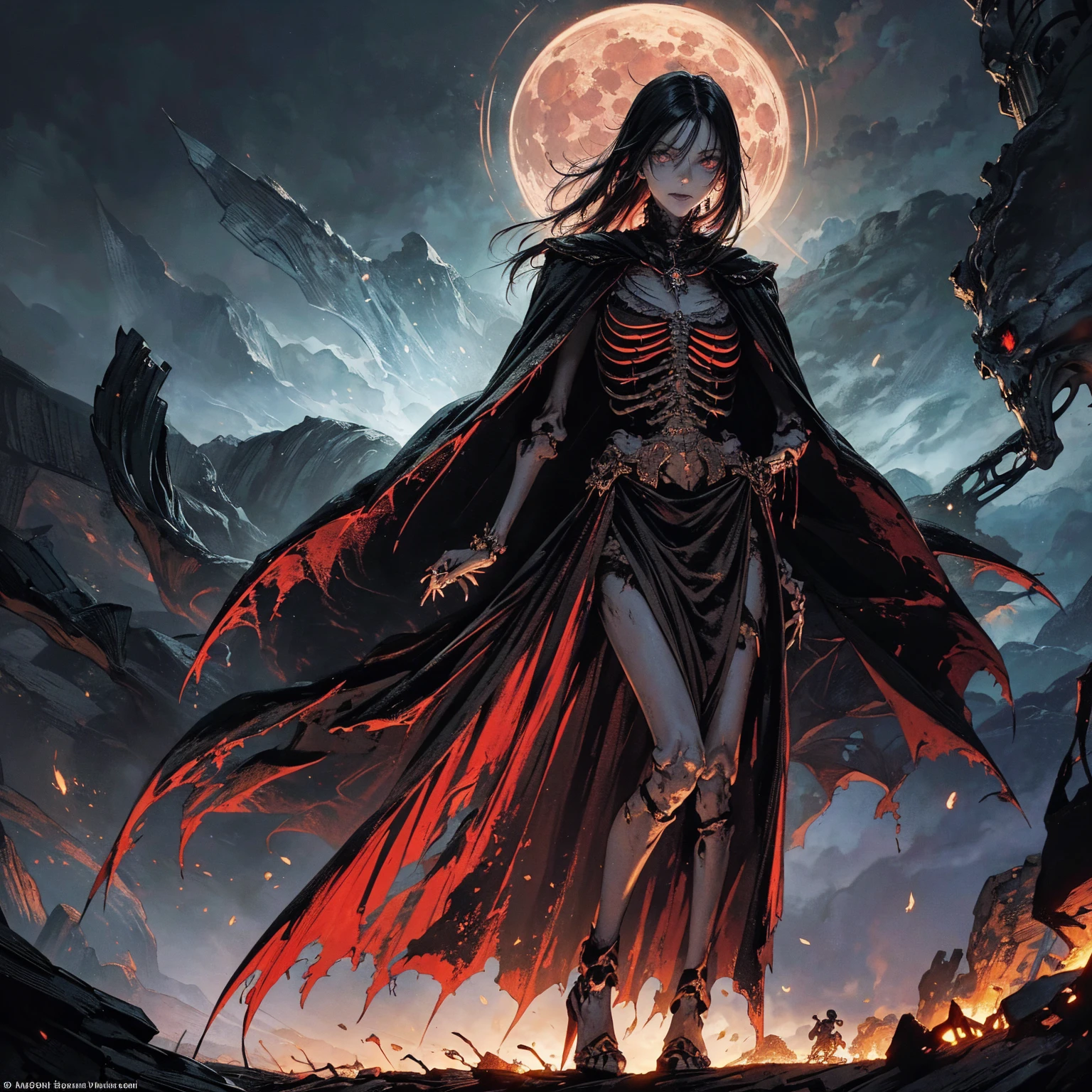 full-body shot, best quality, 4K, high resolution, masterpiece, Very detailed, Mood lighting, An undead girl in a long cape, Whole body including hands & arms & legs & feet are all skeleton bones but except the head is still beautiful human face, Wearing a ragged gothic skirt, Aloofness emotion, Dangerous sneer, Beautiful but cruel smile, Black Hair, Standing, Facing the camera, Crucified, Pitch black sky, Blood-red moon, strange atmosphere, Gothic style, Unforgettable beauty, Dramatic shadows, Ethereal Light, Mysterious atmosphere.