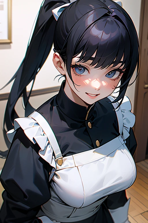 (Highest Resolution, clear_image) Highest quality, Single, One Woman, alone, masterpiece, Very detailed, Semi-realistic, Black Hairのショートヘア, Black Hair, bangs, 18-year-old, mature, light blue uniform, uniform, Indoor Background, kind, Authoritative, Powerful, exquisite features, exquisite features、Eyelashes become longer、Showing teeth、smile😀、Maid clothes、ponytail、