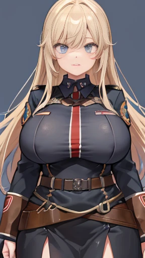 A girl who wears military clothes, brown heirs, gigantic breasts, anime cartoon, german third reich, long heirs,((highest quality)), ((masterpiece)),details, bleu eyes
