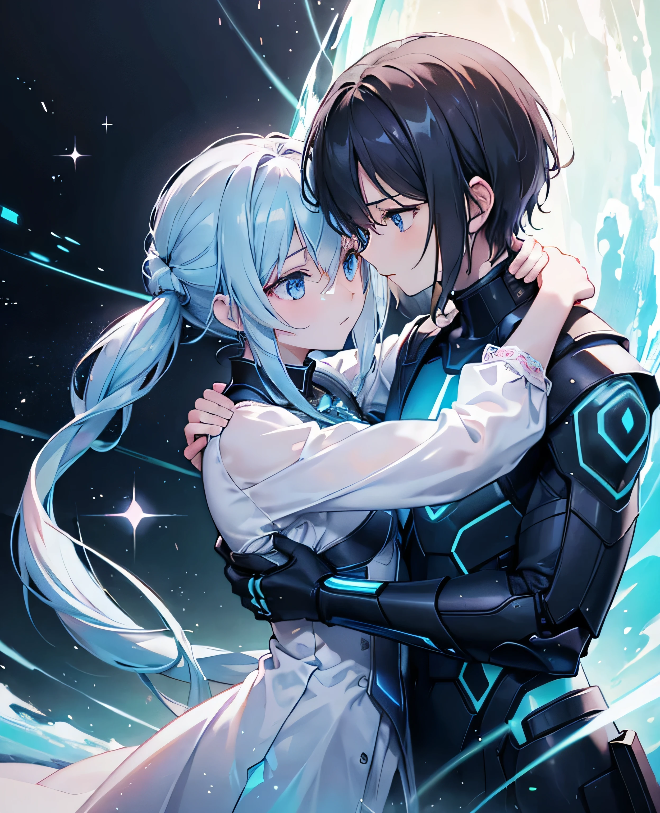 ((Holographic glow effect)),8k, Highest quality, (real:1.4), Original photo, Hugging a man facing backwards女の子1人, Asari Hair, Biological Amplifier, refined armor, posture: Peace talks between warring factions, smart blue eyes,whole body,Vortex of Light,Band of Light,Wind of Light,(refined armor, posture: Peace talks between warring factions,Hugging a man facing backwards)