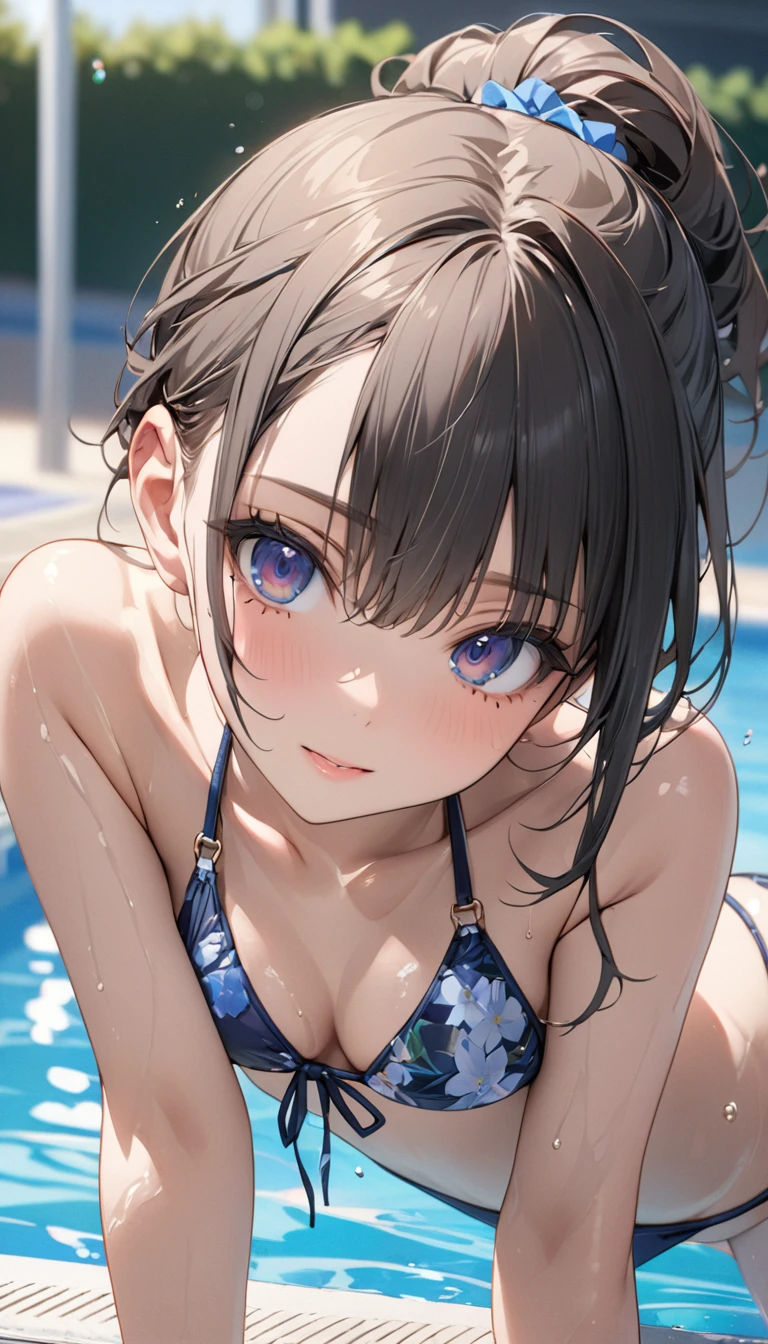 (((masterpiece))),(((High resolution))), (((perfect face)))、(((Japan beauty)))、, (((bikini))), ((top quality eyes)), detailed texture, ((high resolution face)), (at the swimming pool), (((leaning forward)))