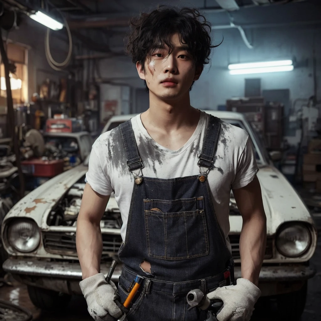 a Korean man with a messy curly hair and side bangs stands confidently in a dimly lit car repair shop. smeared with grime, are a testament to his hard work. He wears a combination of a white t-shirt, dark jeans overalls, and gray sneakers, embodying the essence of a skilled mechanic. With a focused expression and eyes locked on the camera, he holds mechanical tools, ready to tackle the task ahead. The background features a modified, dilapidated, and damaged old school car, with dynamic lighting that enhances the scene's retro atmosphere, cinematic