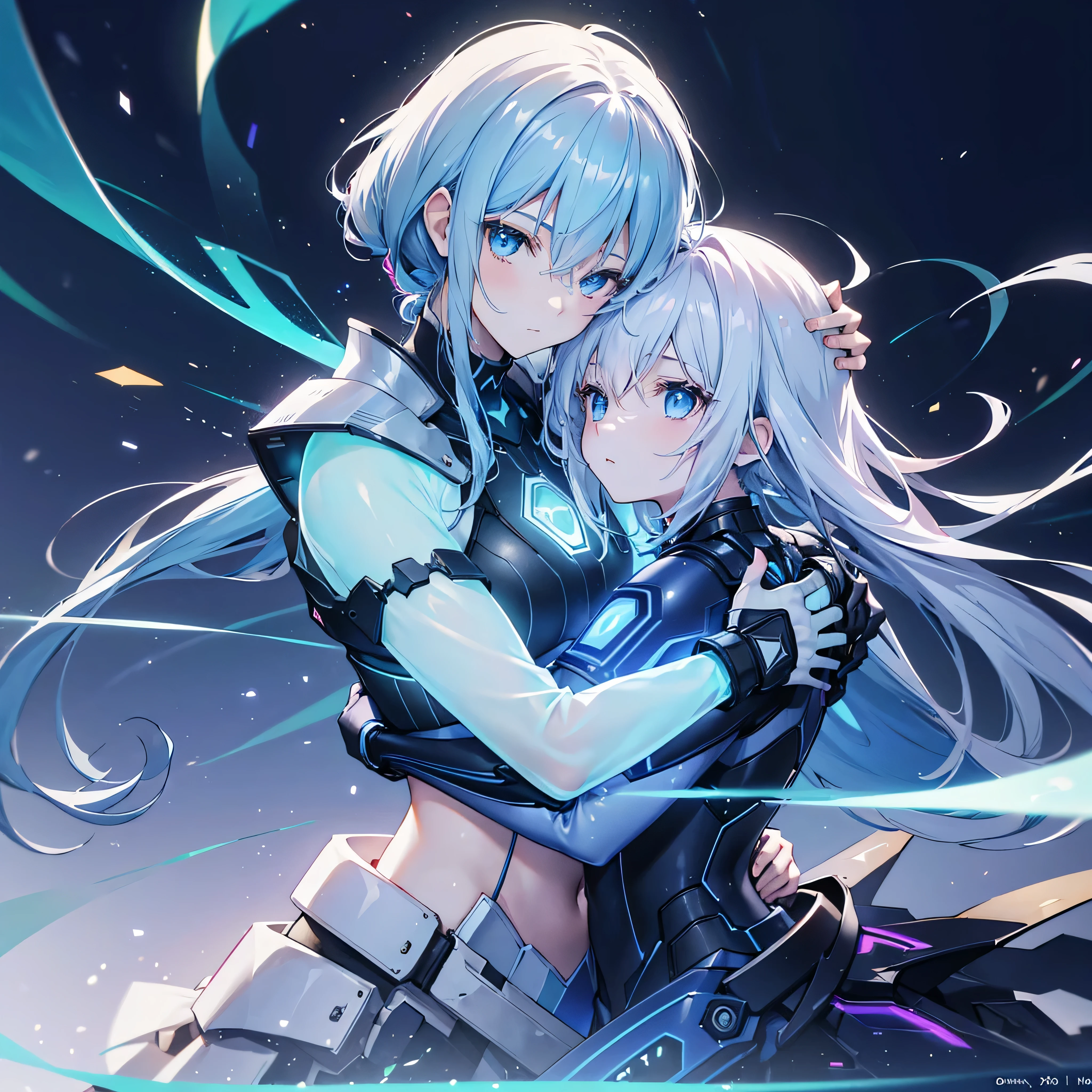 ((Holographic glow effect)),8k, Highest quality, (real:1.4), Original photo, Hugging a man facing backwards女の子1人, Asari Hair, Biological Amplifier, refined armor, posture: Peace talks between warring factions, smart blue eyes,whole body,Vortex of Light,Band of Light,Wind of Light,(refined armor, posture: Peace talks between warring factions,Hugging a man facing backwards)