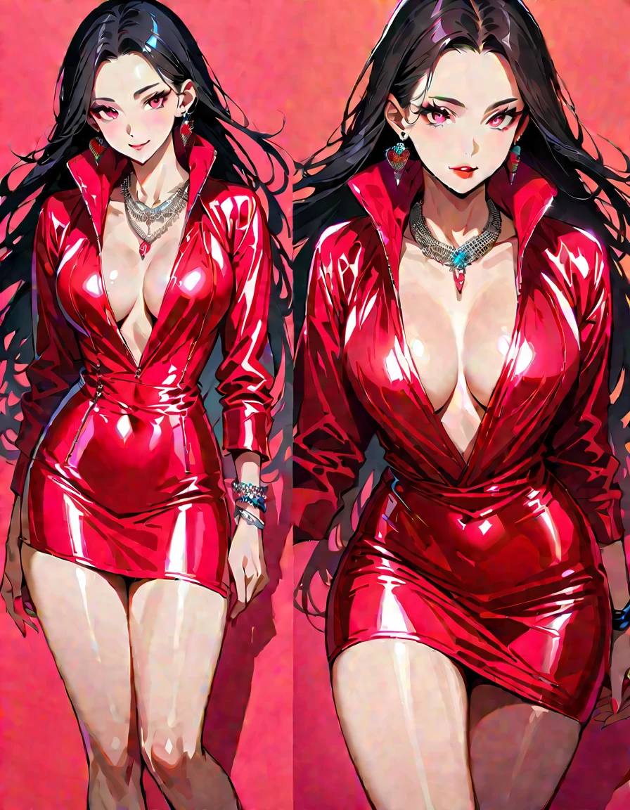 Young beautiful woman,(Highest quality,Extremely detailed depiction,Incredibly absurd high resolution,Anatomically accurate depiction,Curvy Legs),(Glowing Skin,Shiny skin,Oilskin),(Female Android,Cool futuristic clothes,High gloss silver latex,Tight fit),eyelash,Flashy makeup,eye shadow,Glowing pink eyes,There is cleavage in the chest,Glossy Lips,Shadowed face,A seductive smile,whole body,(fashion showのレッドカーペットを歩く,Model pose,)background:fashion show