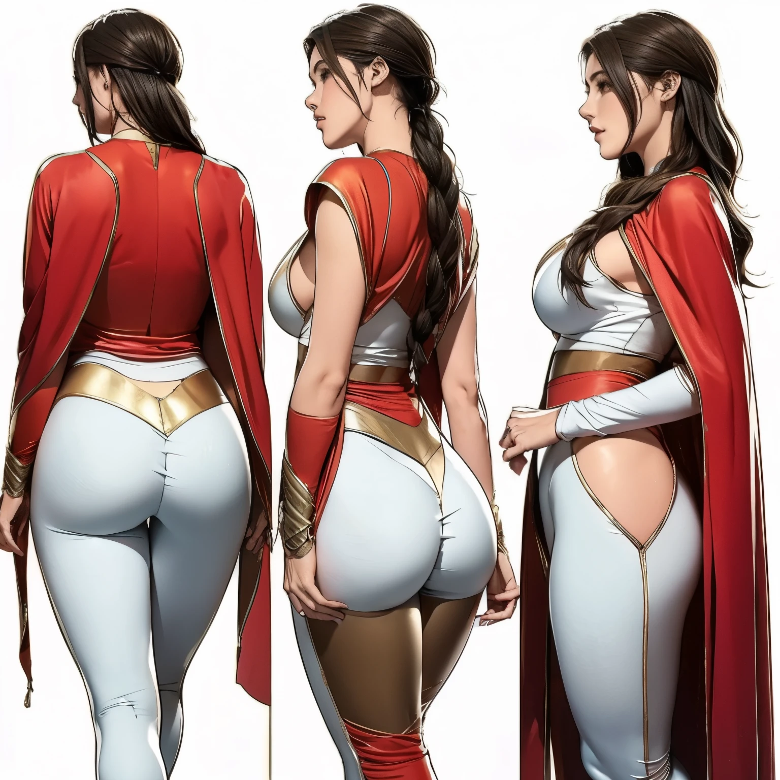 Detailed character sheet, Front view, Side view, Oblique view, with a white returnground, show women, 30 years old, with short dark brown hair combed return, 1 female warrior, Wavy Cape, long flowing hair, Swordsman Style, Light Armor, (Earth-toned long leggings), Slim figure, Toned thighs, Tight round ass, Low angle shot, From below, The seat includes different angles, Front desk etc.., return, and Side views, Model and Reference Sheets, Full body painting. The ratio is based on 7.5 Head Scale.