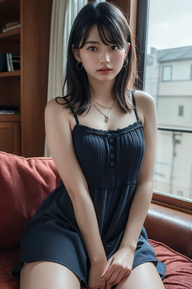 (Highest quality:1.4),(masterpiece:1.4),(Realistic:1.4),(Realistic:1.2),(超High resolution, RAW Photos:1.4),(High resolution, Ultra-detailed:1.2),(8k:1.2),View your viewers,Cinematic photography,One girl,skeletally correct,Black-haired woman,Woman in her early 20s,(Small earrings,necklace,Cami dress),(Western-style building interior,Dimly lit room,The lamplight shines on my cheeks,Sit on the sofa)