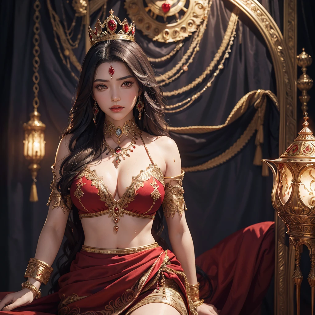 a beautiful uzbek princess wearing a tight red sharara dress, with long wavy black hair and a crown, her body glistening with sweat, pale skin, visible sweat-soaked armpits, and large breasts, (best quality,4k,8k,highres,masterpiece:1.2),ultra-detailed,(realistic,photorealistic,photo-realistic:1.37),extremely detailed face and eyes,detailed skin texture,intricate jewelry,ornate crown,sheer fabric,dramatic lighting,cinematic composition,vibrant colors,warm color palette