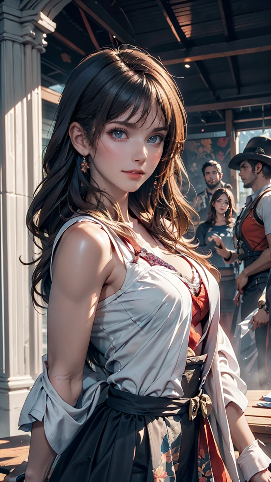 (Front Focus), (In the Dark:1.6), Hyperrealist Female Portrait by David Hockney and Alphonse Mucha, Fantasy art, Photorealistic, Dynamic Lighting, Art Station, Poster, Volumetric lighting, Highly detailed face, 4k yen, Awards, One girl, In the Dark, Deep Shadow, Modest, Cowboy Shot, (Sexy Costumes), Long Hair, Gray Hair