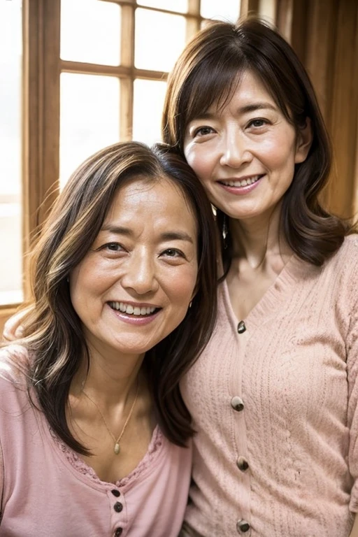 Highest quality、Masterpiece、Real Photo、Realistic、A 55-year-old Japanese woman cares for a 100-year-old man、Smiling caregiver providing care、Sweat、Very detailed、Natural light、long hair、Detailed face and skin、Realistic eyes
