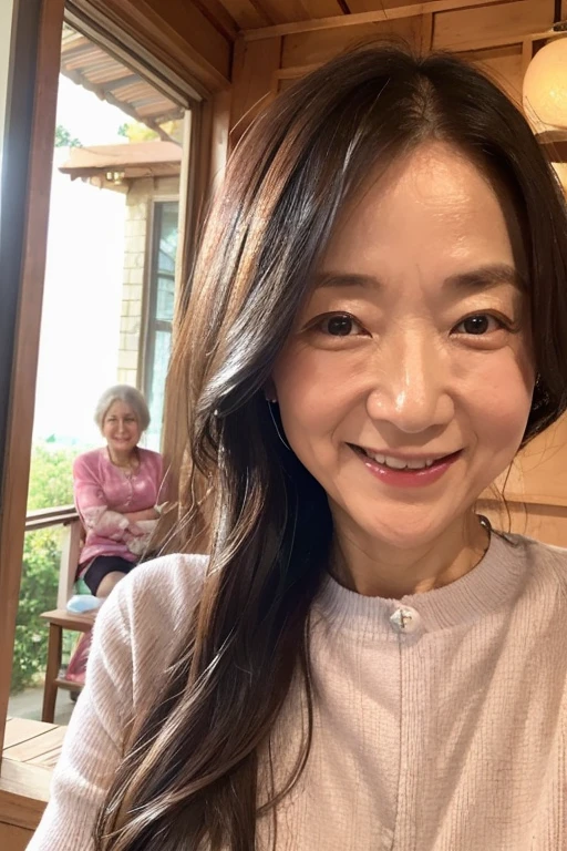 Highest quality、Masterpiece、Real Photo、Realistic、A 55-year-old Japanese woman cares for a 100-year-old man、Smiling caregiver providing care、Sweat、Very detailed、Natural light、long hair、Detailed face and skin、Realistic eyes