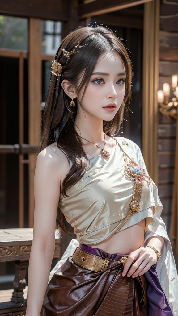 (RAW photos:1.2), (realistic:1.4), (Masterpiece:1.3), (best quality:1.4), Ultra high resolution, (Detailed eyes), (Detailed facial features), (Detailed clothing features), HDR, 8K resolution, focus only, Dressing according to Thai tradition, Traditional shawl , 1 woman , big breasts, A gigantic rift, big breastsดันเสื้อผ้า, big breast, Your breasts will grow to their full size...., Make your breasts bigger.., small waist, Long legs, Facing the audience, full body, depth of field, Cinema-grade lighting system, big breasts,  Too big for your body, Revealing a flat stomach, The lower half of the chest can be seen...., Sexy sitting posture, Pictures from eye-catching angles, Correct picture composition, The picture is complete.., waterตกไหล, แม่waterไหล,  Masterpiece:1.2, Highly detailed, realistic, cinematic scene, slim and perfect figure, perfect body proportions, 16ก, Portrait, dynamic gesture, dynamic elements, water, surrounded by heavy water:1.2, Motion blurred image, long exposure, at the sea coast, martial arts, light blue tone, water magic, (water element:1.2), water goddess, xuer martial arts, The details on the face are crazy., close up, water droplets on the skin:1.2, water drips all over her body:1.2, water droplet on her face:1.2, wet body:1.2, Selective focus