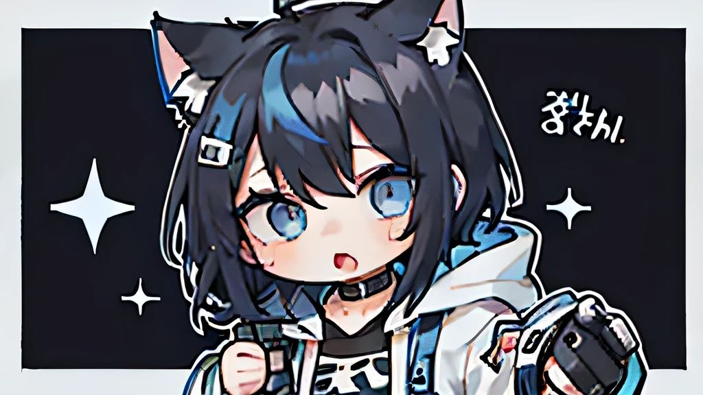 chibi. Two heads high. Only one character. A super deformed, chibi character with short black hair featuring vibrant blue highlights and sparkling twinkle eyes shines brightly against a cyberpunk backdrop. He dons a Cyberpunk long black hoodie, accentuating her boyish charm and striking blue eyes. It has cat ears on its head.
With microphone in hand, He belts out a tune, Him whole body showcased in a dynamic composition that captures the essence of a futuristic performance.