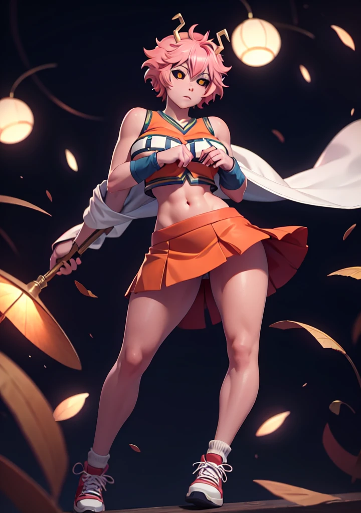 mina ashido, 1girl, solo, looking at viewer, short hair, simple background, yellow eyes, pink hair, horns, colored skin, colored sclera, black sclera, pink skin, U.A. CheerUniform, orange skirt, (bare belly), perfect shading, bare shoulders, big breasts