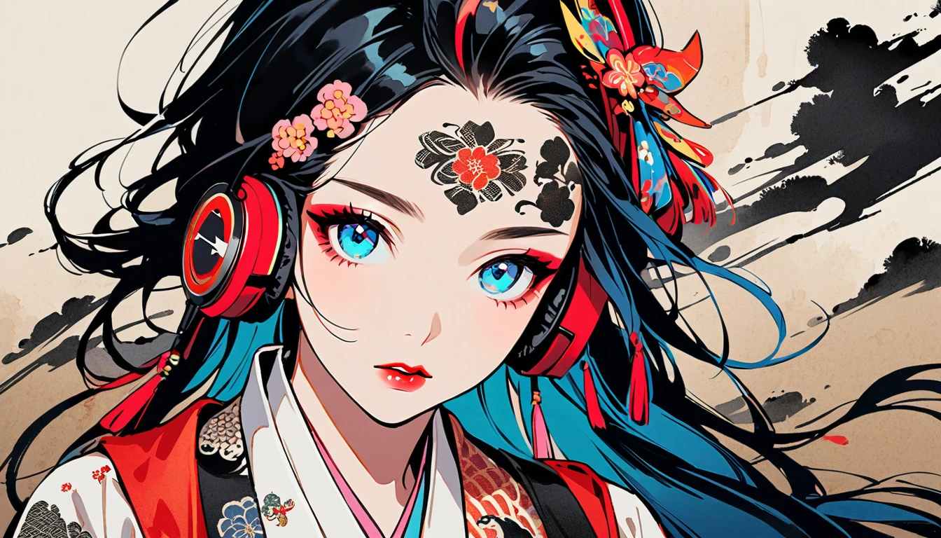 (((Ink Painting))), Fashion portrait color photos, (((1 girl))), (((Tattoo in the center of the forehead))), (((Very flashy hair accessories))), (((Very flashy makeup))), Japanese style headphones, Japanese pattern base, Japanese beautiful girl, Black Hair, Delicate and precise, Modern ukiyo-e style, Japanese flag