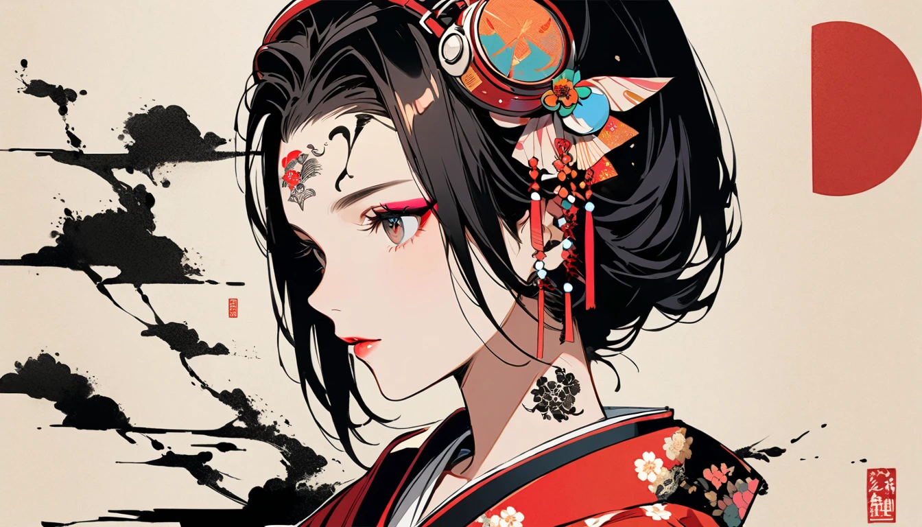 (((Ink Painting))), Fashion portrait color photos, (((1 girl))), (((Tattoo in the center of the forehead))), (((Very flashy hair accessories))), (((Very flashy makeup))), Japanese style headphones, Japanese pattern base, Japanese beautiful girl, Black Hair, Delicate and precise, Modern ukiyo-e style, Japanese flag