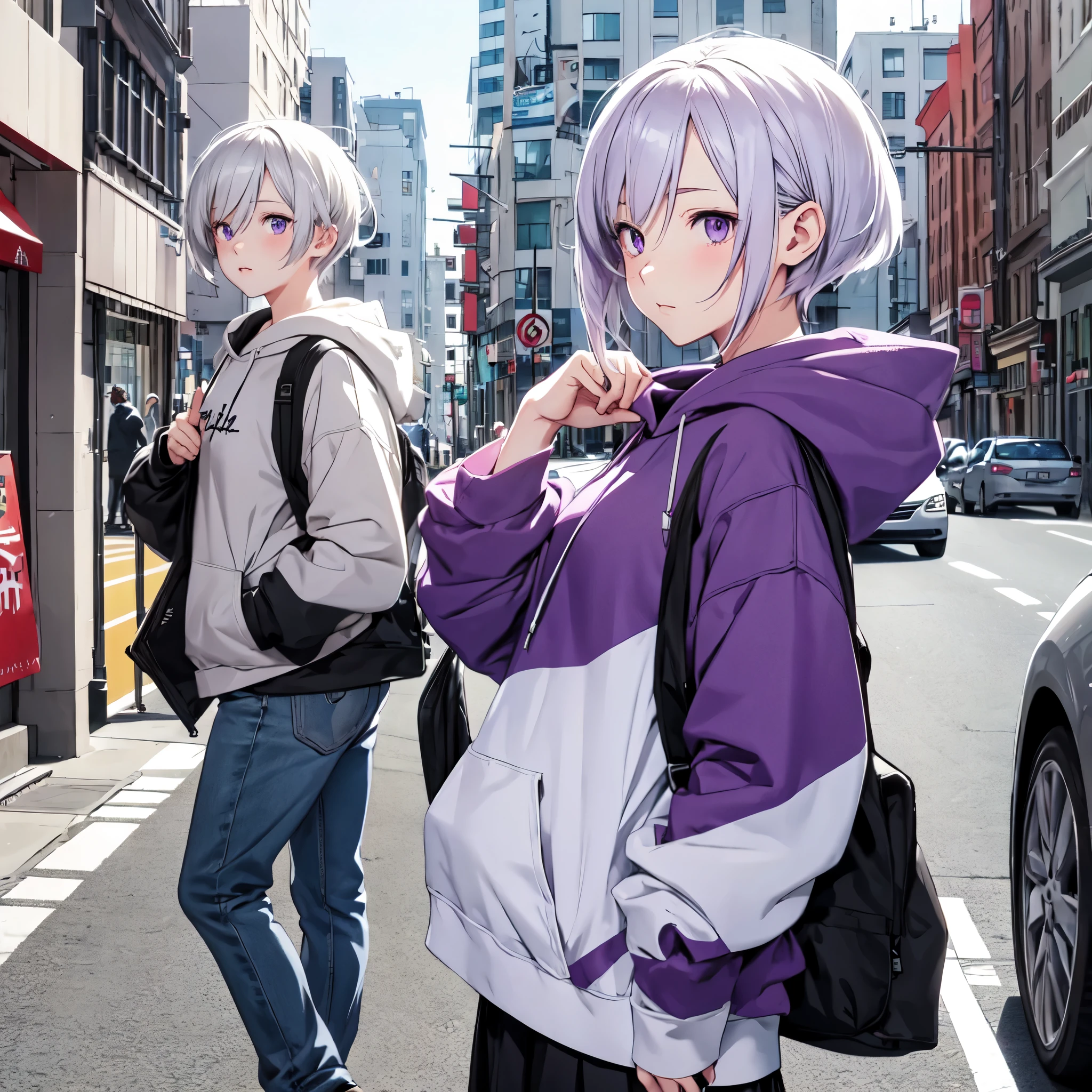 Anime Girls, White shorthair, Purple eyes, hoodie, computer, streamer, virtual, Street Style