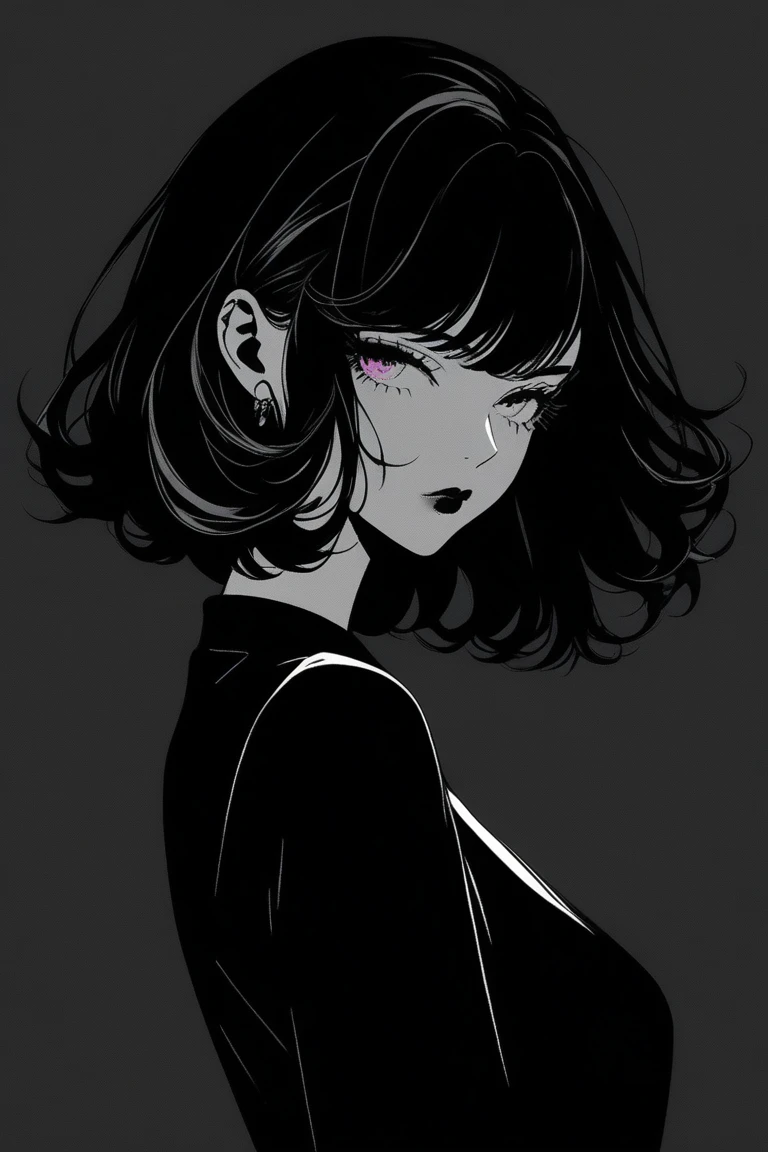 (Better Quality, overview:1.2),Realist,Illustrator,anime,1 girl, Detailed lips, Black Dress,custom, (Monochrome dark background),Neon Hair,Texture Cut, until then, Classic retro style, Black Dark, (Black bob hair:1.75 Neon:1.32), bad woman , Dark monochrome background 、I don&#39;t draw hands、