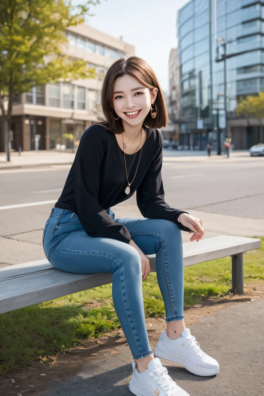 Highest quality, woman sitting on a bench、Full body photo、,smile、Beautiful teeth alignment、Light brown hair、hairstyle semi long、Dark eyeliner、、Long sleeve blouse、Skinny jeans、sneakers、ear piercing、necklace, , Face Focus、The background is the building&#39;s corridor.