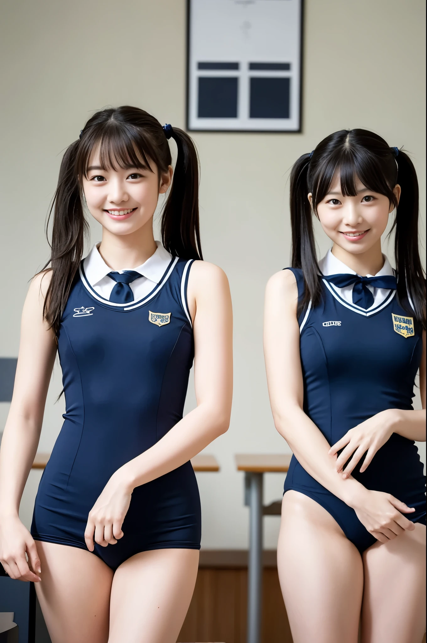 2 girls in school classroom,short-sleeved white swimsuit with blue trim,navy blue swimsuit bottom,18-year-old,bangs,a little smile,thighs,knees,low ponytail with white barrette,from below,front light