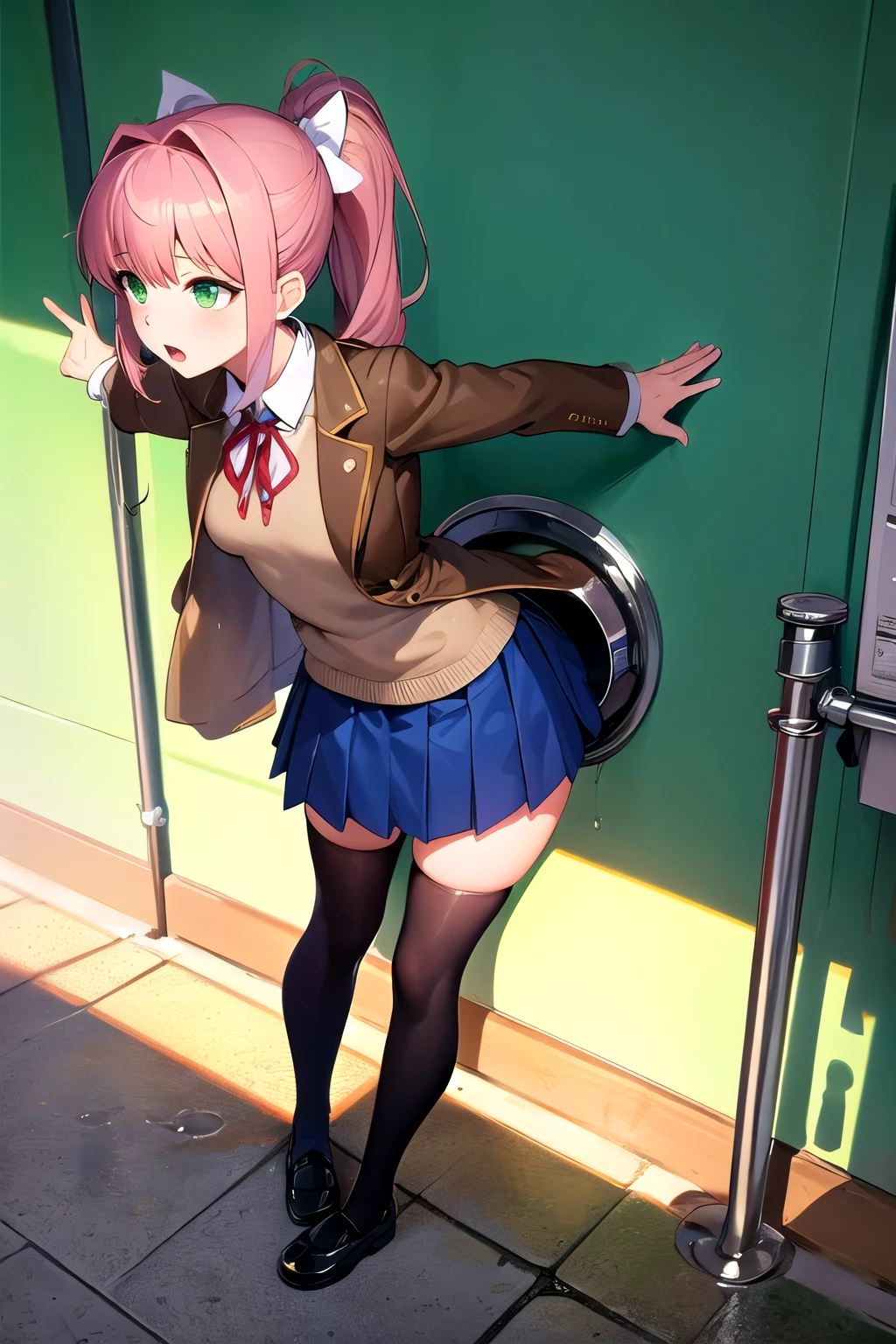 ((best quality)), ((masterpiece)), (detailed), 1girl, ((Doki Doki literature Club Artstyle)), ((Masterpiece)), ((High quality)), ((Perfect Anatomy)), monika (doki doki literature club), female , ddlcmonika, blunt bangs, brown hair, (green eyes:1.5), long hair, ponytail, ribbon, white ribbon, hair ribbon, sidelocks, blazer, mary janes, over-kneehighs, pleated skirt, brown jacket, jacket, long sleeves, blue skirt, black thighhighs, black legwear, breast, 1 girl, girl only, solo, skirt lift, skirt lift by herself, standing, standing pee, urine, urine stream, urinal, urinal use, female using urinal, pee, piss, peeing, pissing, pee leaking, peeing self, pissing herself, omorashi, pee stain crotch, panties aside, pee-soaked skirt, vagina, pussy, grabbing her skirt lift crotch to hold, standing ok aimed pissing urinal wall,