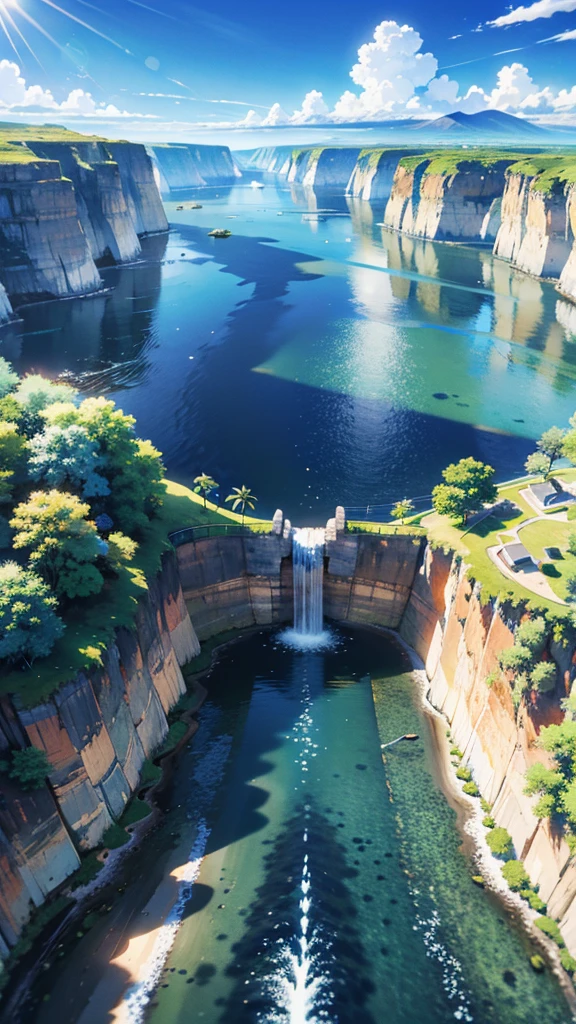 No humans, Scenery, vanishing point, From below, masutepiece, Best Quality, 8K, absurderes, waterface, Summer, at noon, Sunlight, Blue sky, Perspective, depth of fields, Higher resolution, finely detail, Ultra-detailed, Sharp Focus