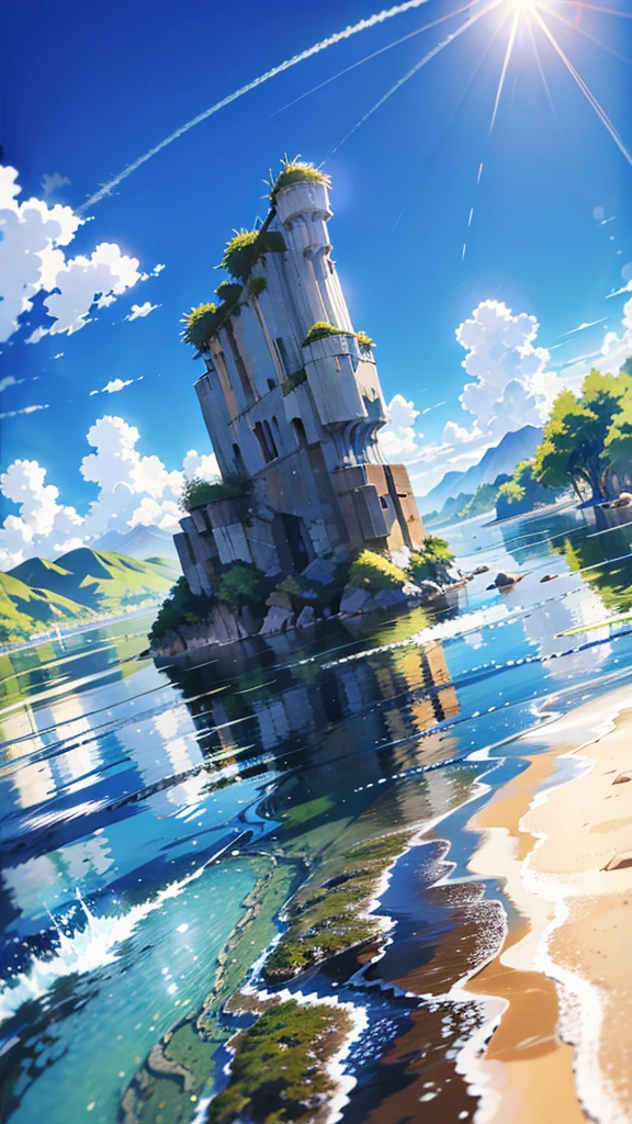 No humans, Scenery, vanishing point, From below, masutepiece, Best Quality, 8K, absurderes, waterface, Summer, at noon, Sunlight, Blue sky, Perspective, depth of fields, Higher resolution, finely detail, Ultra-detailed, Sharp Focus