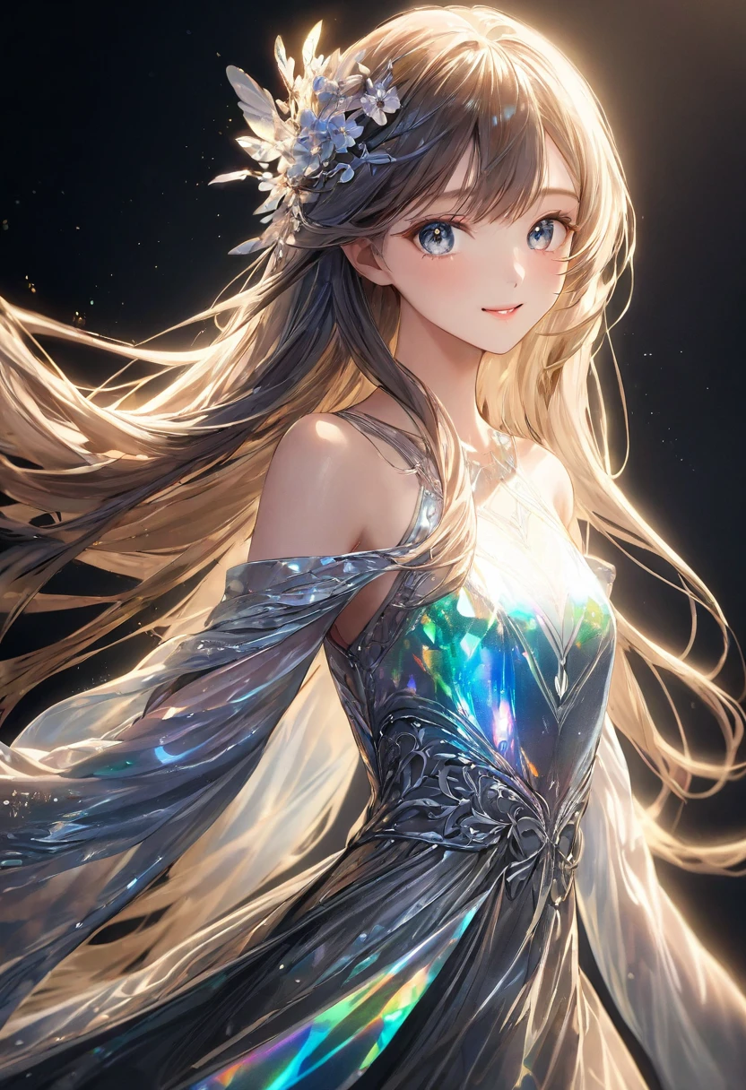 
                 Detailed and vivid depiction of beautiful girl posing as a model for photo (dynamic)棕色long hair女子 服装模特( perfect anatomy ) face detailed face. realistic eyes. The face and eyes are very detailed.


                       Delicate skin.、Delicate skin texture smile, long hair,  Fantasy fashion dress glow,, Elegant and flying silk holographic dress , 46-point slanted bangs, dark shadow background, black soft light, 

                           Professional photography master&#39;artwork, texture, complicated, Clear, High-quality masterpieces，Extremely complicated and exquisitely detailed,

                                  Super detailed, Super detailed digital art