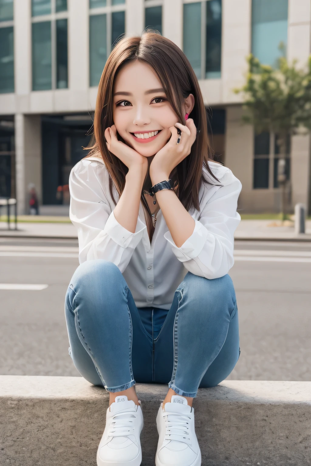 Highest quality, woman sitting on a bench、Full body photo、,smile、Beautiful teeth alignment、Light brown hair、Dark eyeliner、、Long sleeve blouse、Skinny jeans、sneakers、ear piercing、necklace, , Face Focus、The background is the building's corridor.
