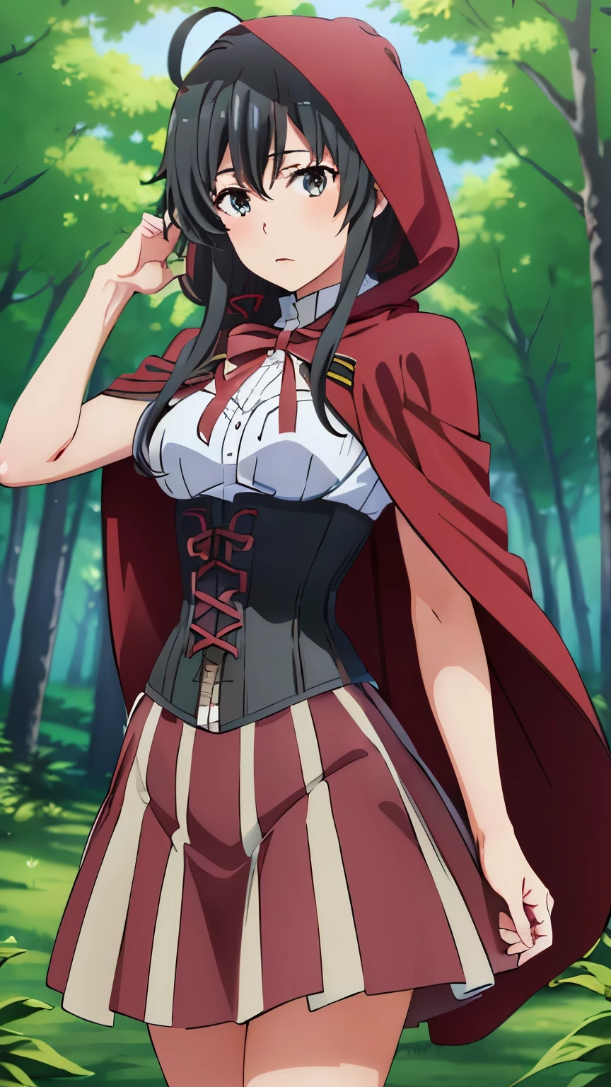 (masterpiece, best quality, highres, 8k:1.2), (anime), yukino, long hair, ahoge, Small medium breast, hair ribbon, ((black hood, cape, corset, dress, red skirt), fruit basket, in the forest), Cowboy shot, looking at viewer,