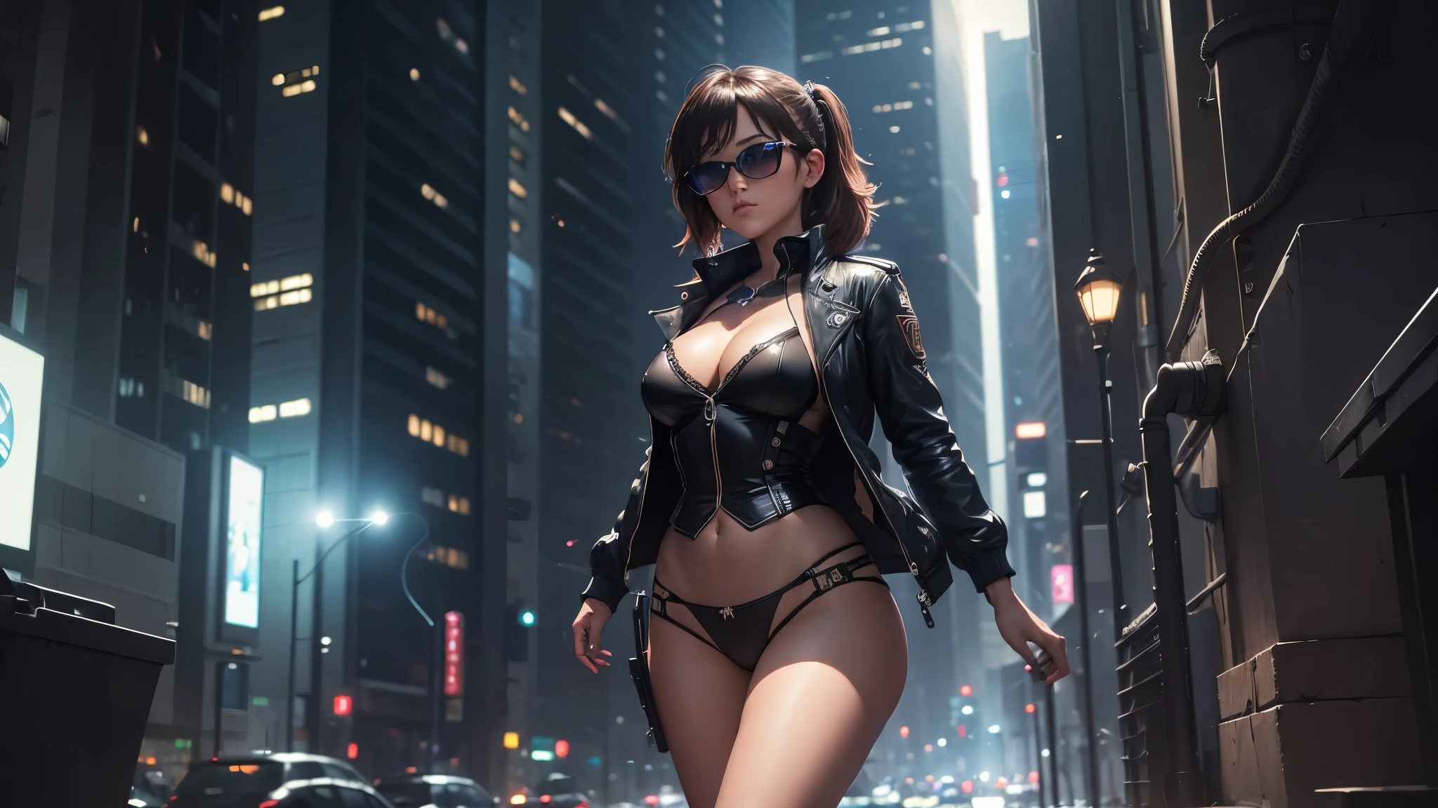 (((Masterpiece))), best quality, ultra-detailed CG unity 8k wallpaper, cyber city, tokyo, big future city at night. (1girl, solo, alone), large-breast:1.2 slim:0.8 body, medium hair, cleavage:1.1, sexy micro laced lingerie with jacket, (black sunglasses), ((she raised a pistol:1.8 and shot the viewer)), running pose, ((half-body thigh:0.95 level medium shot)), cinematic lighting, lens flare, ray tracing.