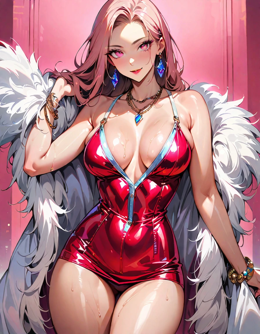 Young beautiful woman,(Highest quality,Extremely detailed depiction,Incredibly absurd high resolution,Anatomically accurate depiction,Curvy Legs),(Glowing Skin,Shiny skin,Oilskin),(Female Android,Cool futuristic clothes,High gloss silver latex,Tight fit),eyelash,Flashy makeup,eye shadow,Glowing pink eyes,There is cleavage in the chest,Glossy Lips,Shadowed face,A seductive smile,whole body,(fashion showのレッドカーペットを歩く,Model pose,)background:fashion show