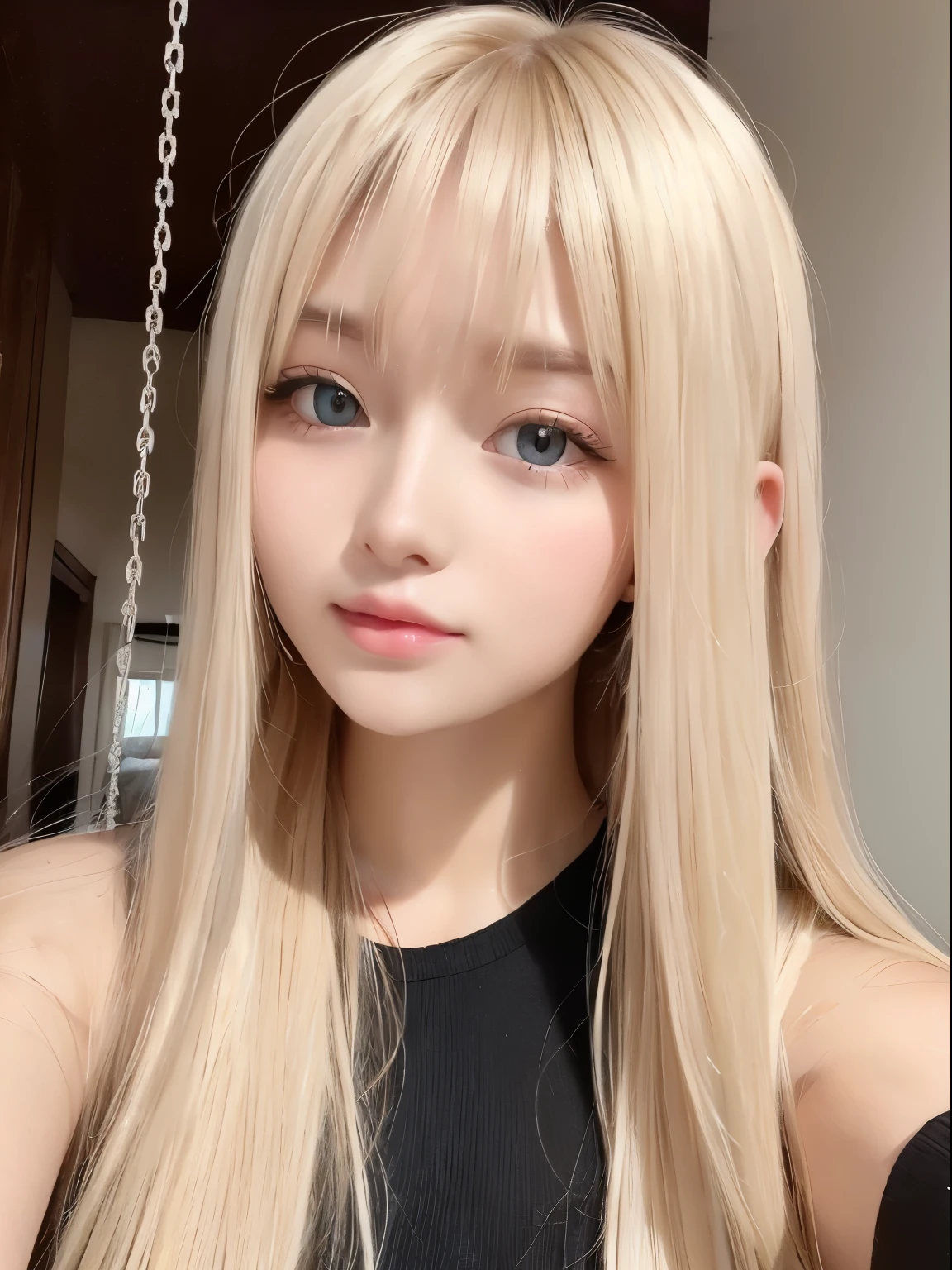 Sexy, cute, your face is so pretty,very long hair,Beautiful and shining cute eyes,Shiny metallic butter blonde soft hair,long wavy bangs,sexy 17 year old cute