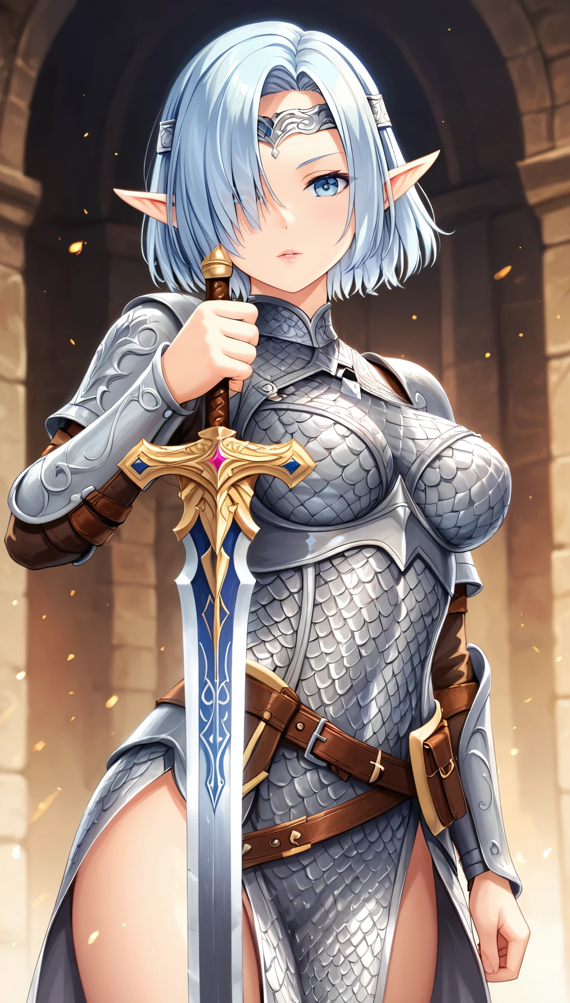 ((best quality)), ((masterpiece)), (detailed), 1girl, sexy, elf, light blue hair, short hair, shiny hair, hair over one eye, forehead protector, pointy ears, Grip the sword, hold the sword, Chainmail