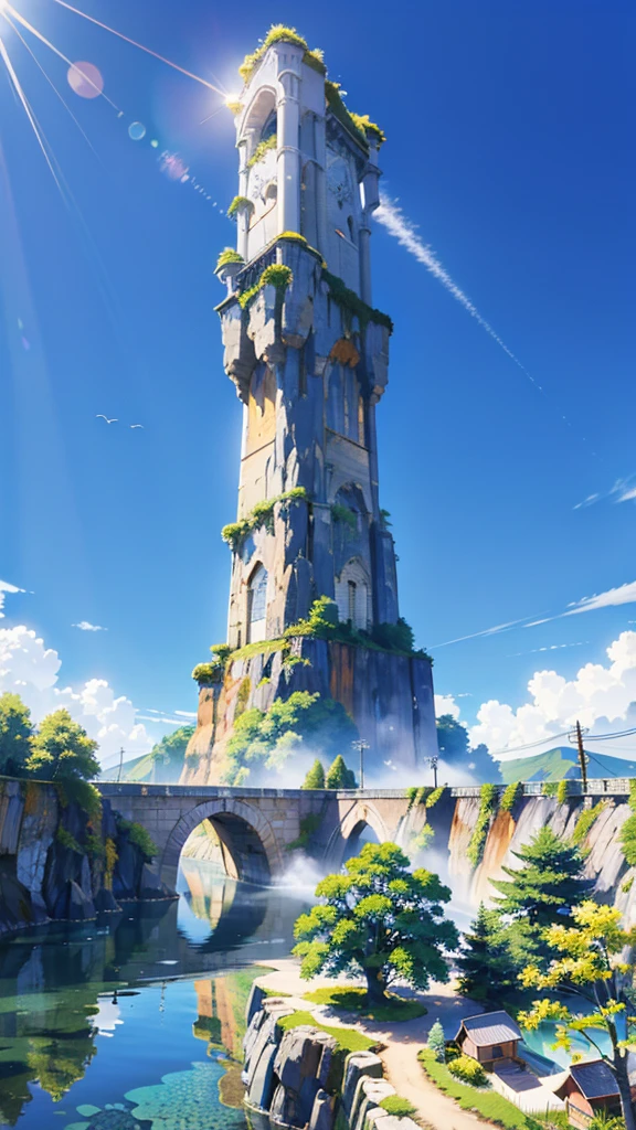 No humans, Scenery, vanishing point, From below, masutepiece, Best Quality, 8K, absurderes, waterface, Summer, at noon, Sunlight, Blue sky, Perspective, depth of fields, Higher resolution, finely detail, Ultra-detailed, Sharp Focus