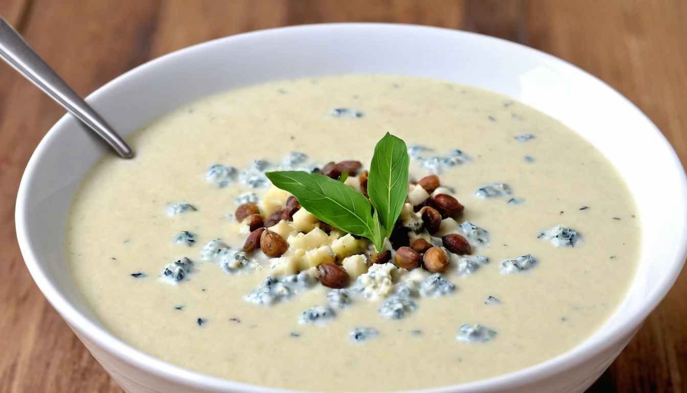 CAULIFLOWER SOUP WITH BLUE CHEESE This recipe arrived from Europe to bring a classic combination of flavors: Leek, cauliflower and blue cheese, or intense blue d&#39;auvergne. Pra sop ficar cremosa na medida certa, the trick is to cook the potatoes together with the other ingredients. Serve accompanied by almond flour, more pieces of cheese, olive oil and dill leaves. very chic!
INGREDIENTS 1 cauliflower 3 spoons (sop) de queijo francês bleu d'auvergne esfarelado
1 Leek
2 batatas
1 cebola
3 dentes de alho
750 ml de caldo de legumes caseiro (3 cups [tea])
500 ml of milk (2 cups [tea])
2 spoons (sop) butter 2 bay leaves salt freshly ground black pepper to taste freshly grated nutmeg to taste French bleu d&#39;auvergne cheese to taste to serve almond crumble to taste to serve dill leaves (dill) to taste to serve olive oil to taste to serve. Fumaça de calor saindo da sop.